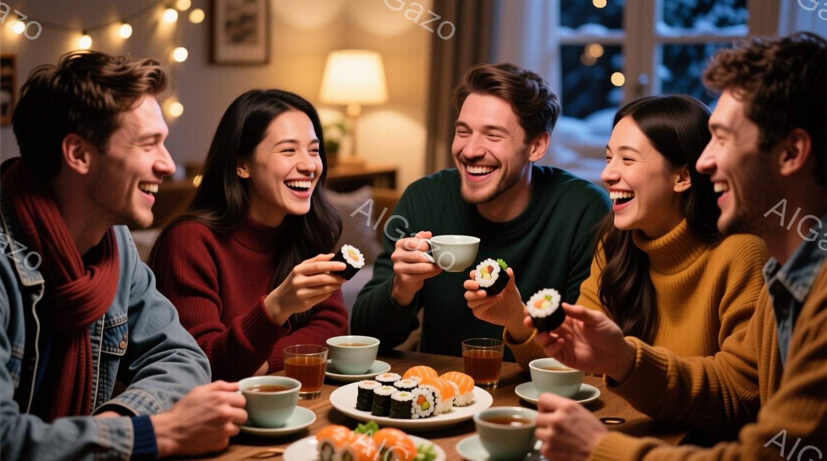 暖炉のある室内で、５人の若い男女がスシと温かい飲み物を楽しんでいる様子が写っている。全員が笑顔で、リラックスした雰囲気で食事を楽しんでいる。窓の外には雪が降っており、室内は温かく、心地よい空間を作り出している。