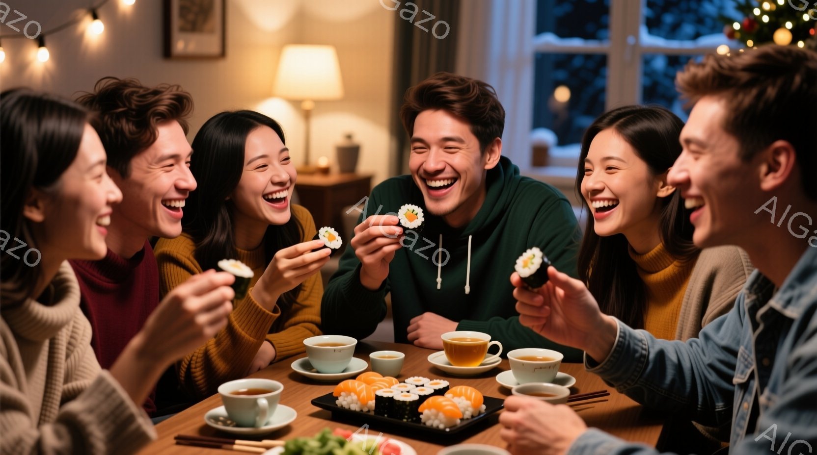 ５人の若い男女が食卓を囲んで楽しそうに寿司を食べている。彼らは皆、笑顔で、明るい色のセーターやカジュアルな服装をしている。背景には、暖色の照明、茶色の木製家具、そして雪景色が見える窓があり、暖かく居心 - AI生成フリー素材