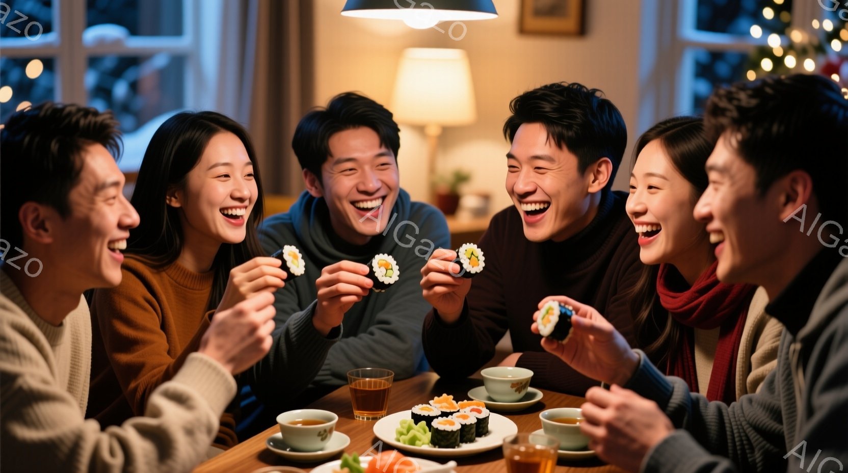 5人の男女が食卓を囲み、笑顔で寿司を楽しんでいます。彼らはカジュアルな服装で、それぞれ異なる髪型をしています。背景には暖色の照明と、ぼやけた都市の夜景が見え、温かく幸せな雰囲気が漂っています。 - AI生成フリー素材