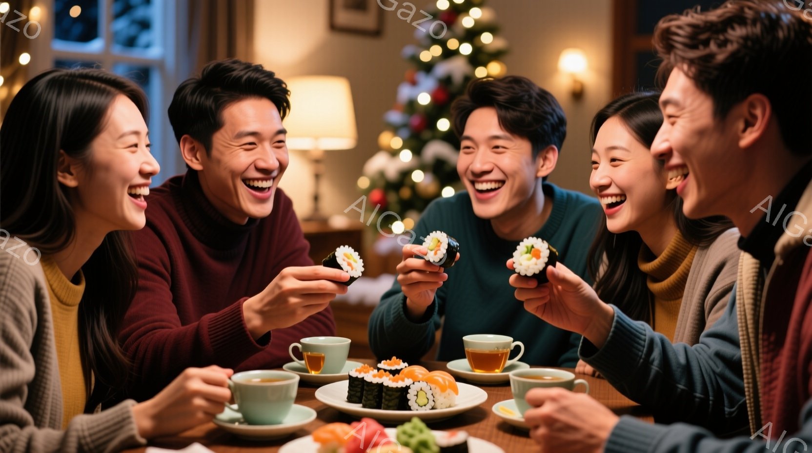 暖炉とクリスマスツリーが飾られた室内で、四人の若い男女が楽しそうに寿司を食べている。皆、笑顔で、カジュアルなニットやセーターを着ており、リラックスした雰囲気が漂っている。テーブルには寿司の盛り合わせ、茶碗、お茶が置かれており、温かく、親密な空間を作り出している。