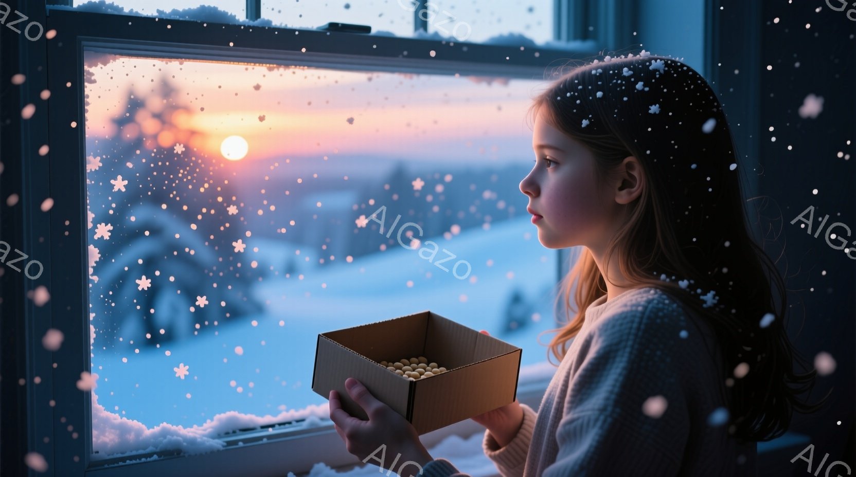 雪が降る冬の日に、窓辺に立つ少女が描かれている。彼女はグレーのセーターを着ており、髪は長く、自然なカールがかかっている。彼女は小さな段ボール箱を持っており、外の雪景色を見つめている、物思いにふける表情をしている。