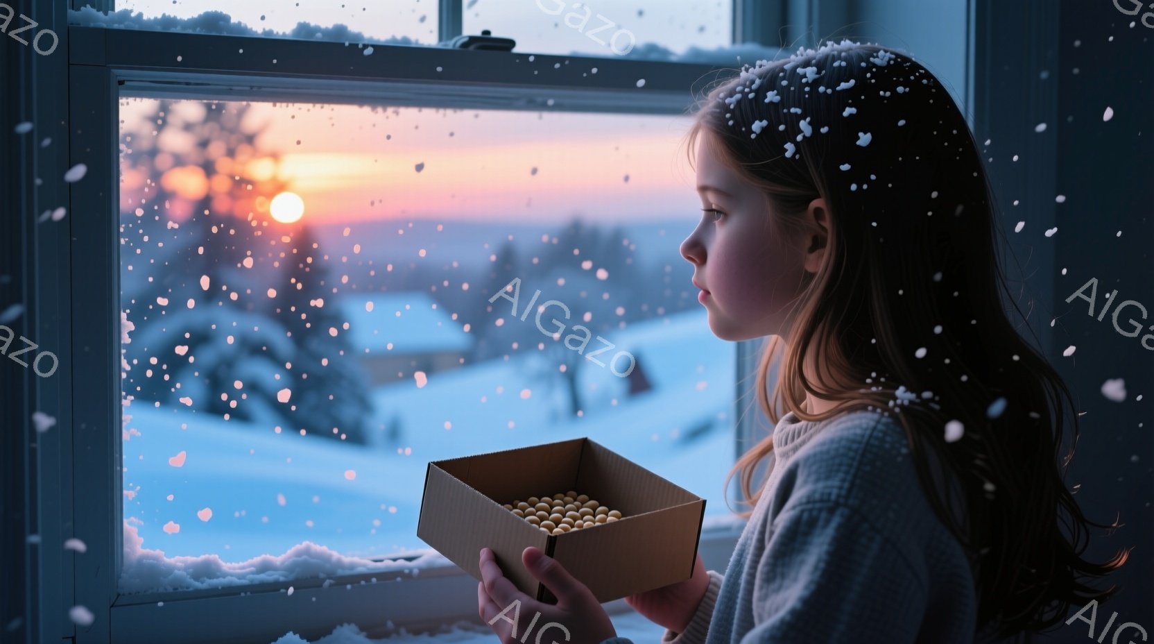 長い茶色の髪を後ろで三つ編みにした少女が、窓辺で小さな箱を手に持っています。彼女はグレーのセーターを着ており、窓の外の雪景色を物憂げに見つめています。背景には雪に覆われた建物と、夕焼けに染まる空が広が - AI生成フリー素材