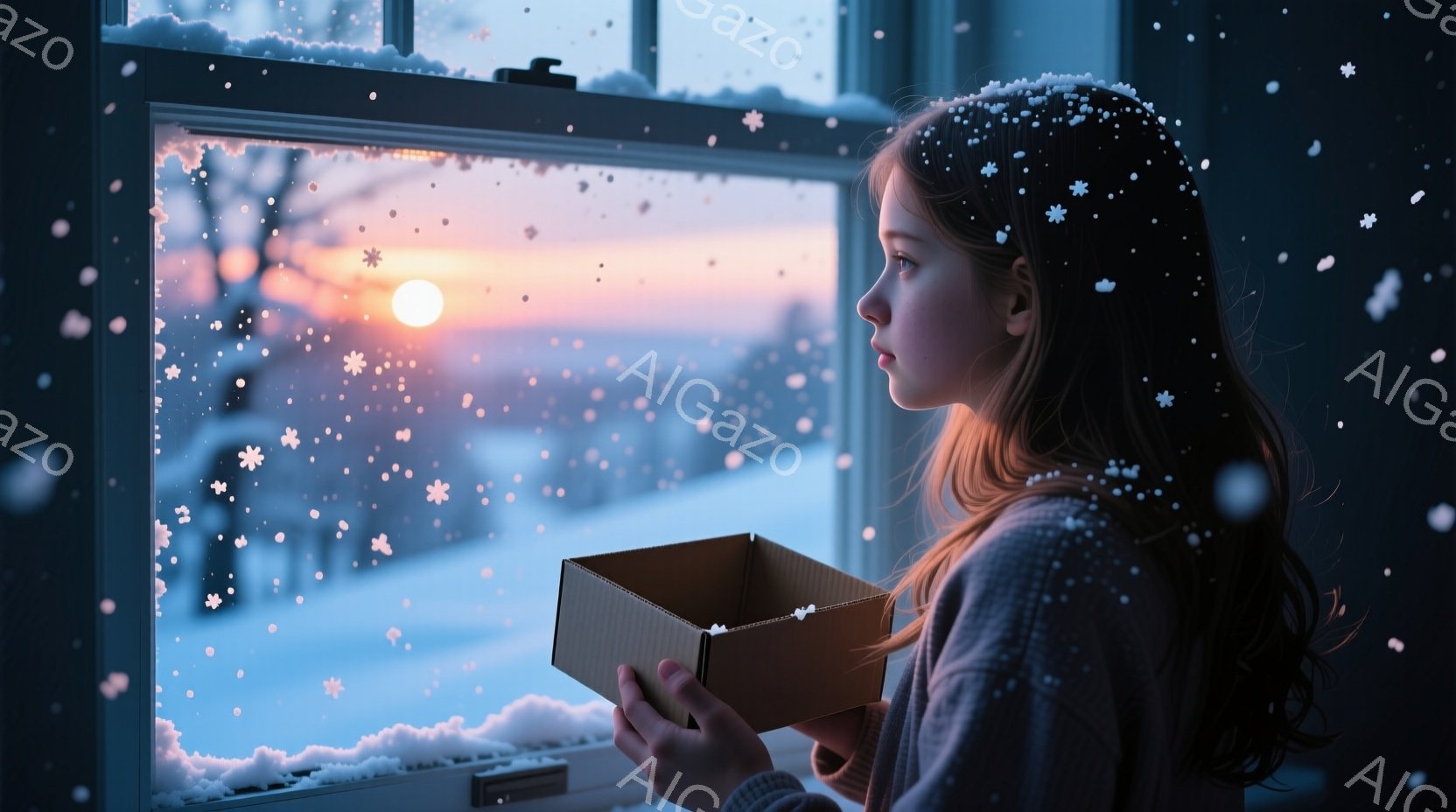 長い黒髪を後ろに垂らし、グレーのセーターを着た少女が窓辺に立っている。彼女は小さな段ボール箱を両手で抱え、雪景色を眺めている。背景には、夕焼け空の下の雪に覆われた風景が広がり、静かで穏やかな雰囲気を醸 - AI生成フリー素材