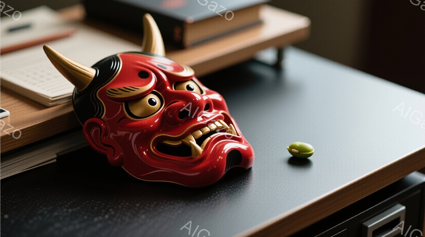 深紅色の鬼の面が、木製のテーブルの上に置かれています。面は鋭い牙と角を持ち、怒りの表情をしています。背景には本があり、テーブルの横には緑色の豆が一つ置かれています。