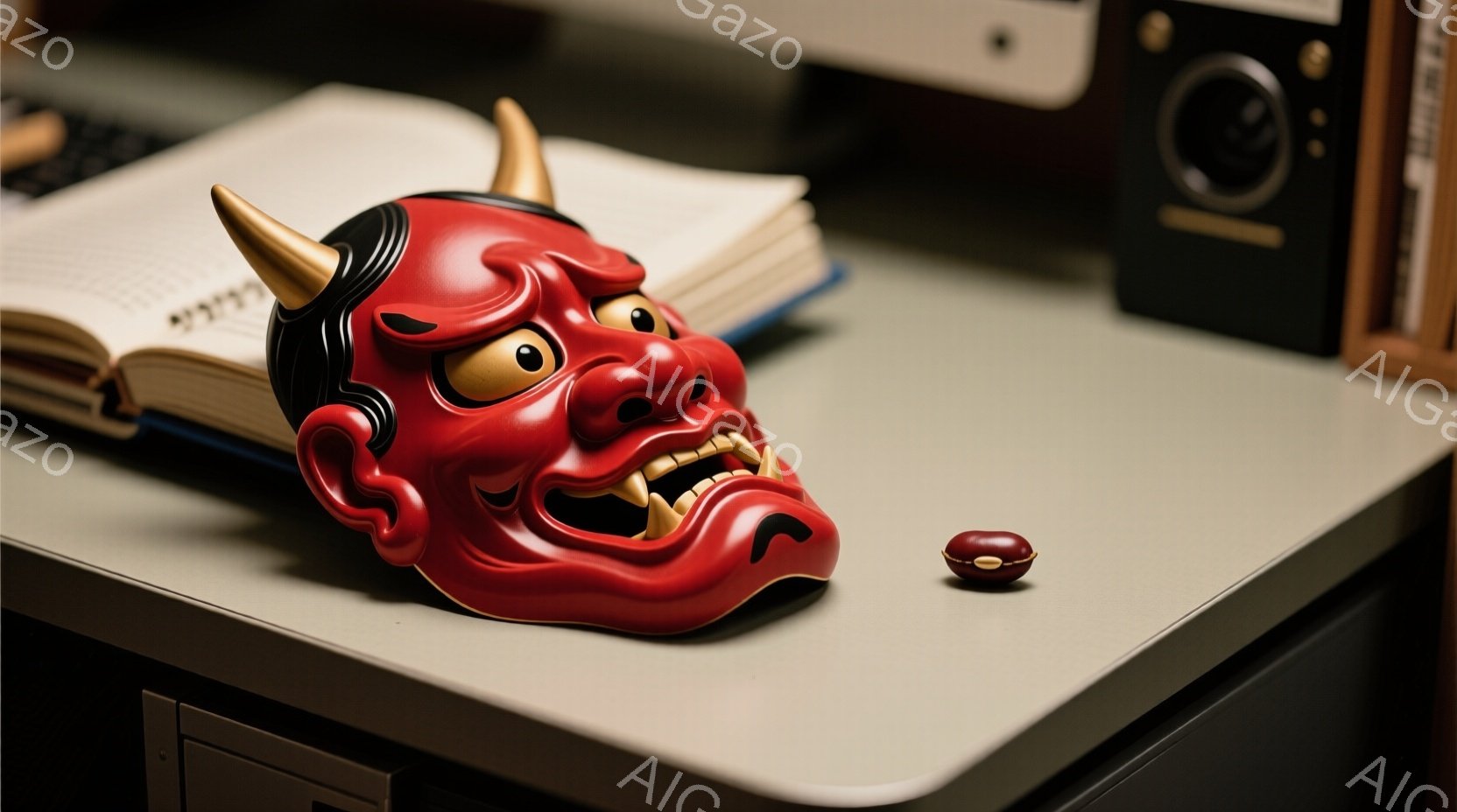 灰色の机の上に、赤色の鬼の面が置かれています。面の横には小さな豆が一つ転がっており、背景には本と黒い機械が見えます。 全体的に、少し不気味で、伝統的な日本の要素と現代的な物が混ざり合った雰囲気です。