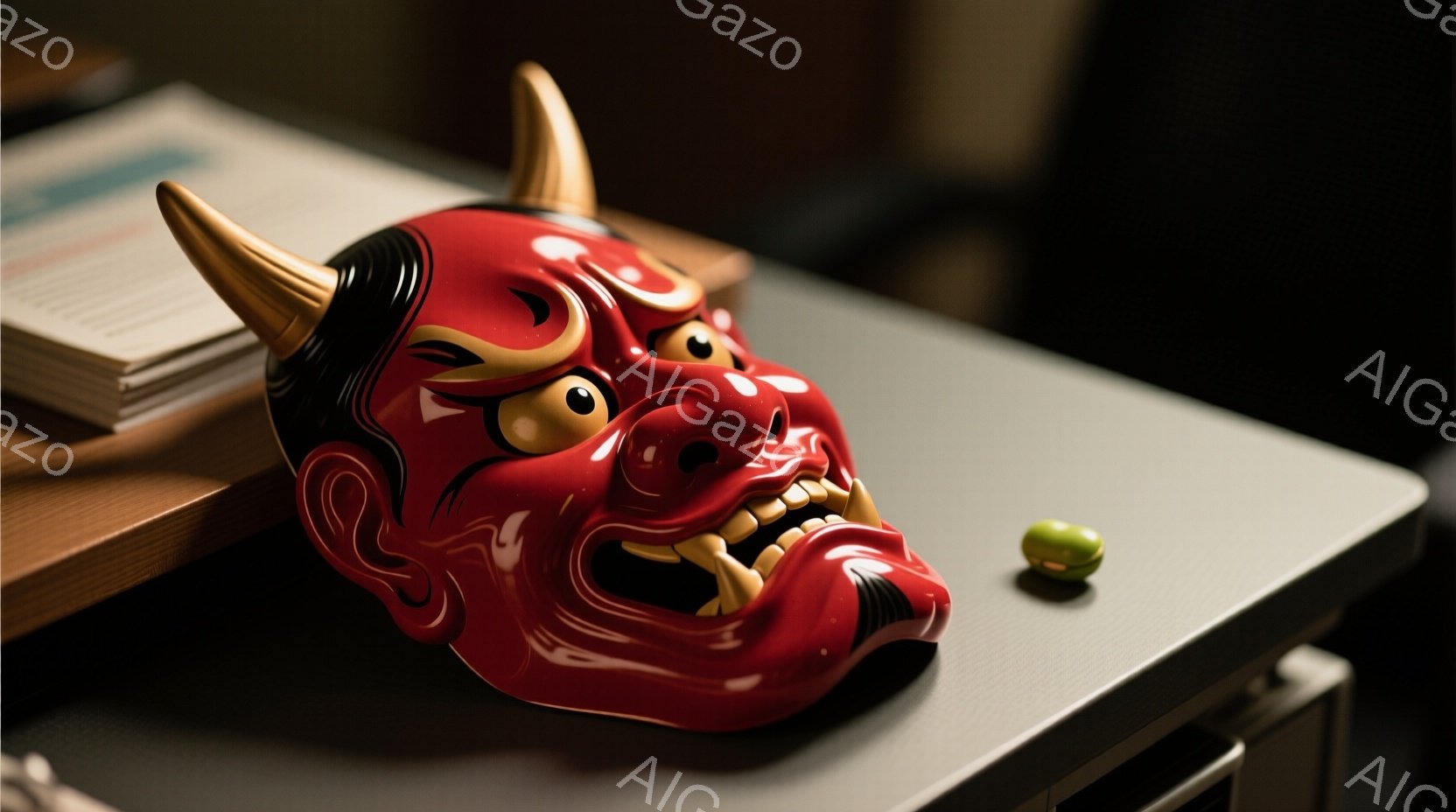赤い鬼の面が灰色の表面に置かれています。面は鋭い牙と怒った表情を持ち、背後には書類の山が見えます。背景は暗く、面が照明に照らされ、不気味でドラマチックな雰囲気を醸し出しています。