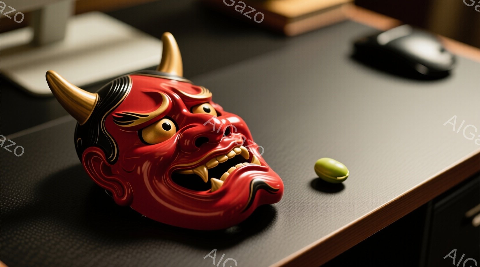 鮮やかな朱色の能面が、木目調の机の上に置かれている。面は鬼の表情を模しており、牙をむき出し、眉は怒りを表している。背景にはパソコンとマウスがぼやけて写り込み、現代的な室内の一部であることがわかる。