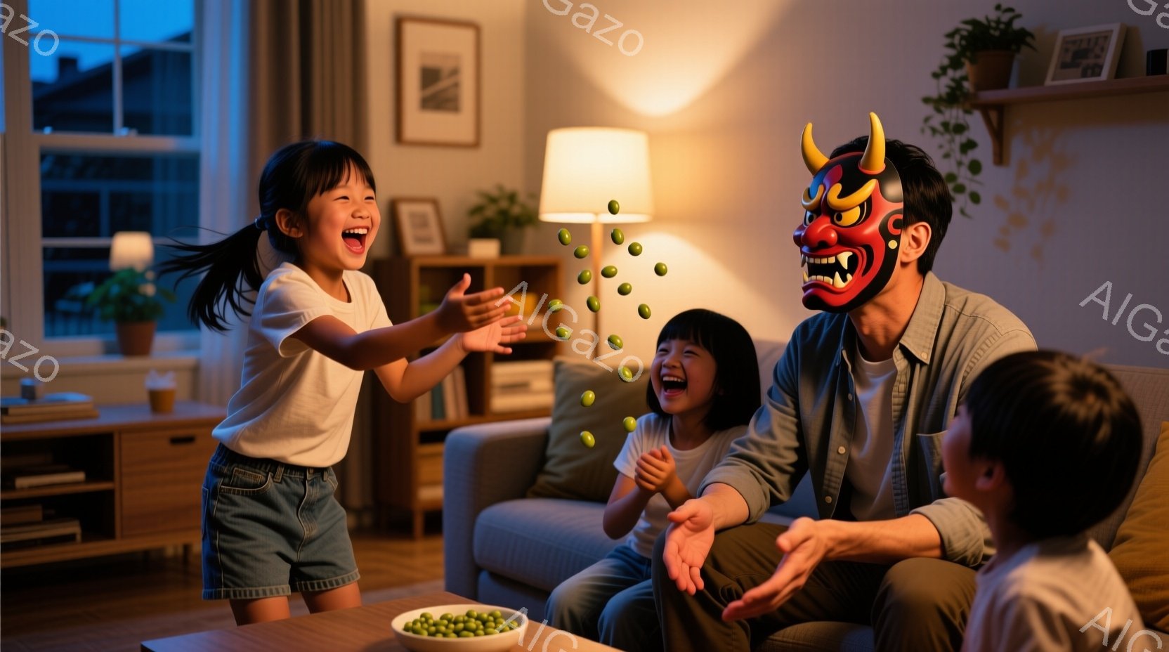 室内で家族が楽しそうに遊んでいる様子が描かれています。一人の少女は短いデニムのズボンと白いTシャツを着て、空中に緑色の豆を投げ上げて笑っています。父親は鬼の面をつけ、別の娘は膝の上で抱っこされながら同じように笑っています。