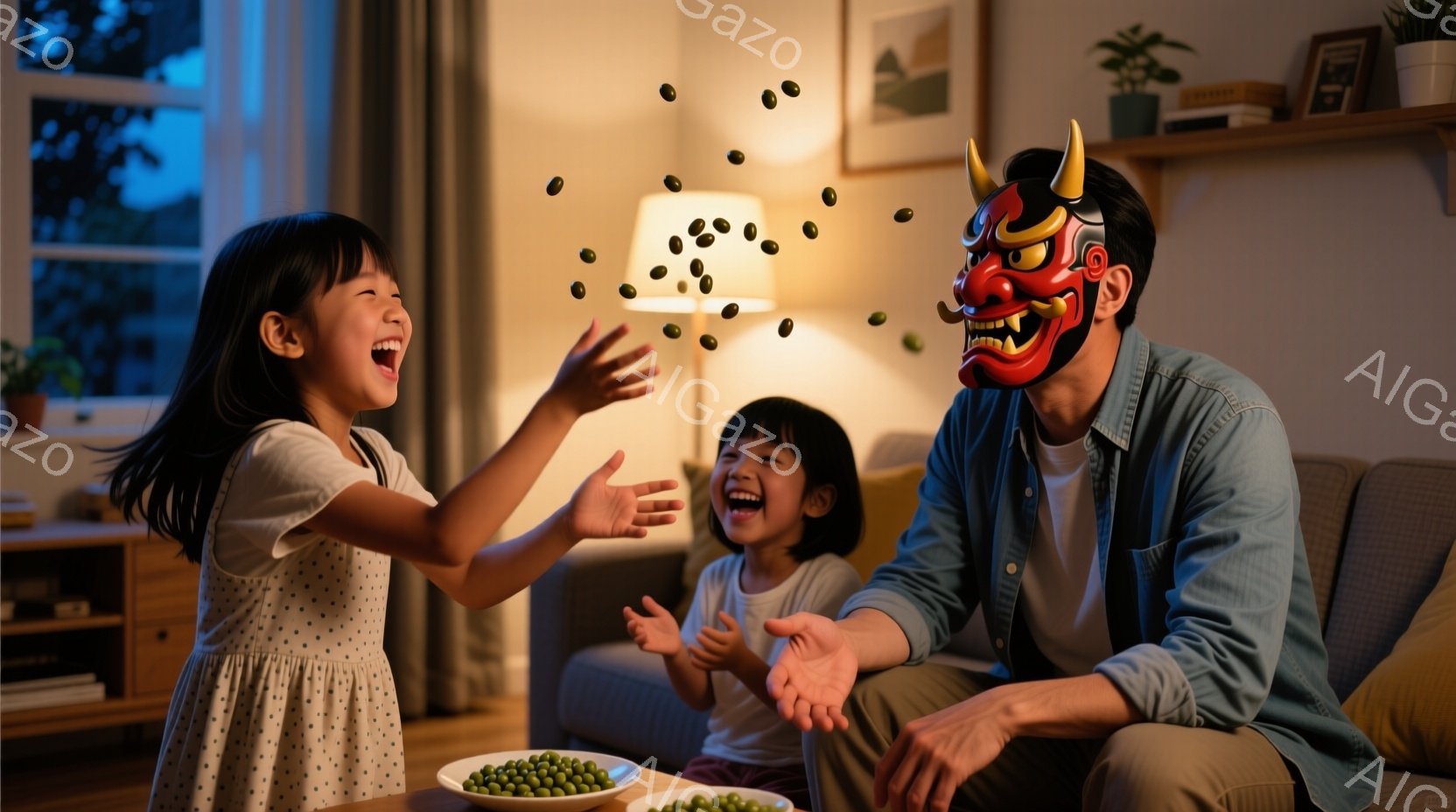 室内には、小さな女の子二人が父親らしき人物と楽しそうに遊んでいます。父親は赤い鬼の面をかぶり、両手を広げて楽しんでいる様子で、女の子たちは笑いながら父親に向けて緑色の丸いものを投げています。背景にはソ - AI生成フリー素材