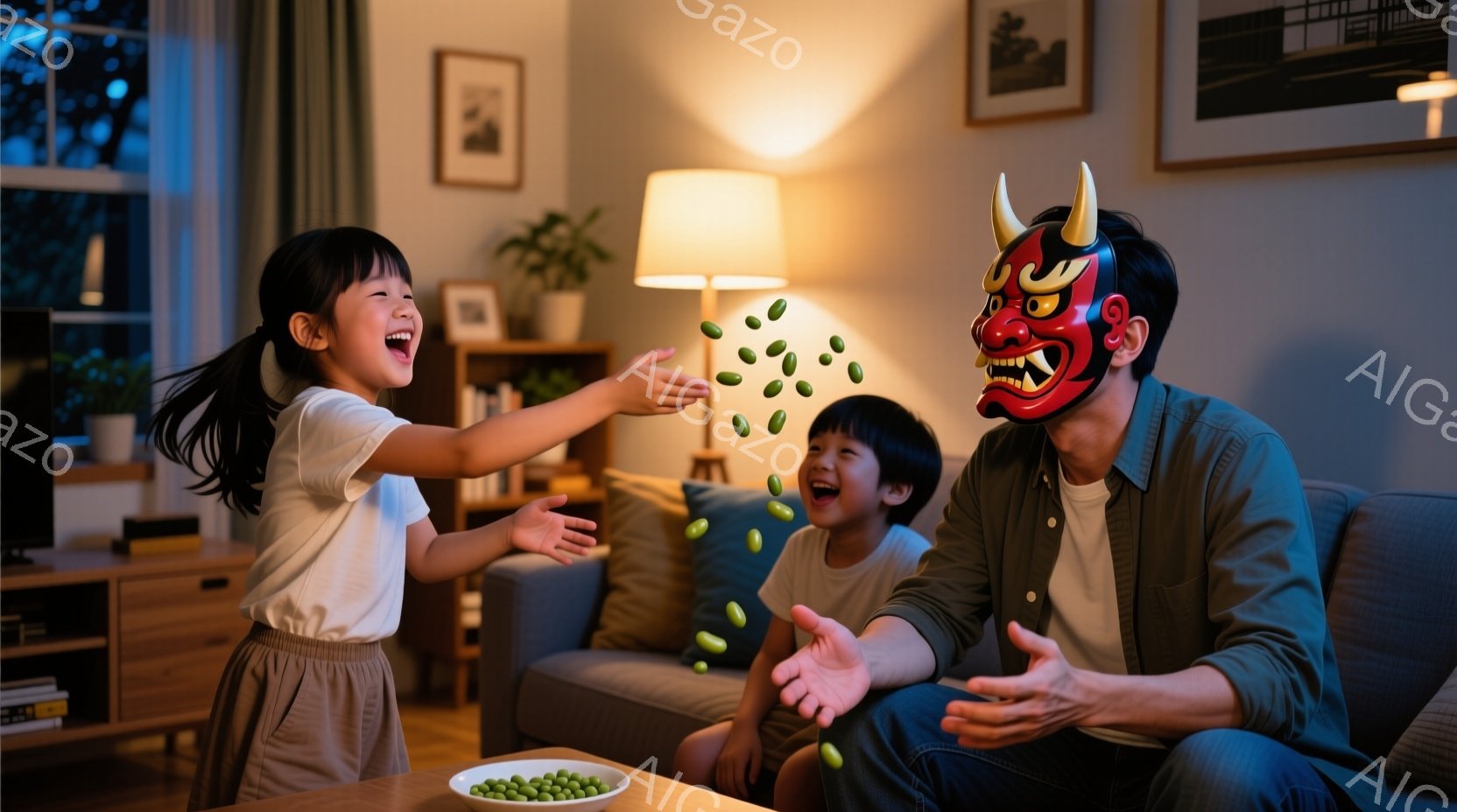 幼い女の子と男の子が、リビングルームで緑色の豆を投げ合って遊んでいます。女の子はピンク色のスカートと白いシャツを着ており、髪をポニーテールにしています。父親らしき男性は鬼の面をかぶり、大きく口を開けて楽しんでいます。