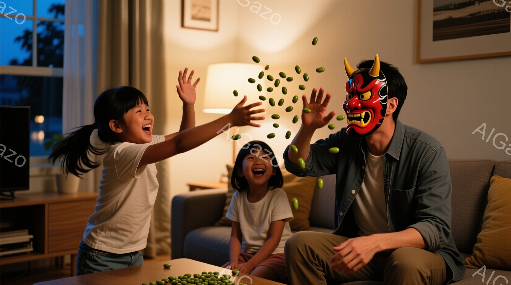 室内で、父親が鬼の面をつけ、二人の娘が豆を投げ合って楽しんでいる様子が描かれています。父親は紺色のシャツを着てソファに座り、娘たちは白いTシャツを着て、笑顔で豆を投げ合っています。背景には、シンプルな - AI生成フリー素材
