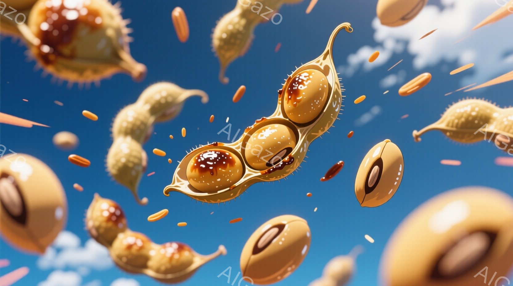 明るい青空を背景に、浮遊する納豆と豆のイラストレーションです。納豆は糸が引き、豆は光沢があり、まるで空中で踊っているかのような印象を与えます。全体的に明るく、軽快な雰囲気が漂い、食欲をそそるようなイメージです。