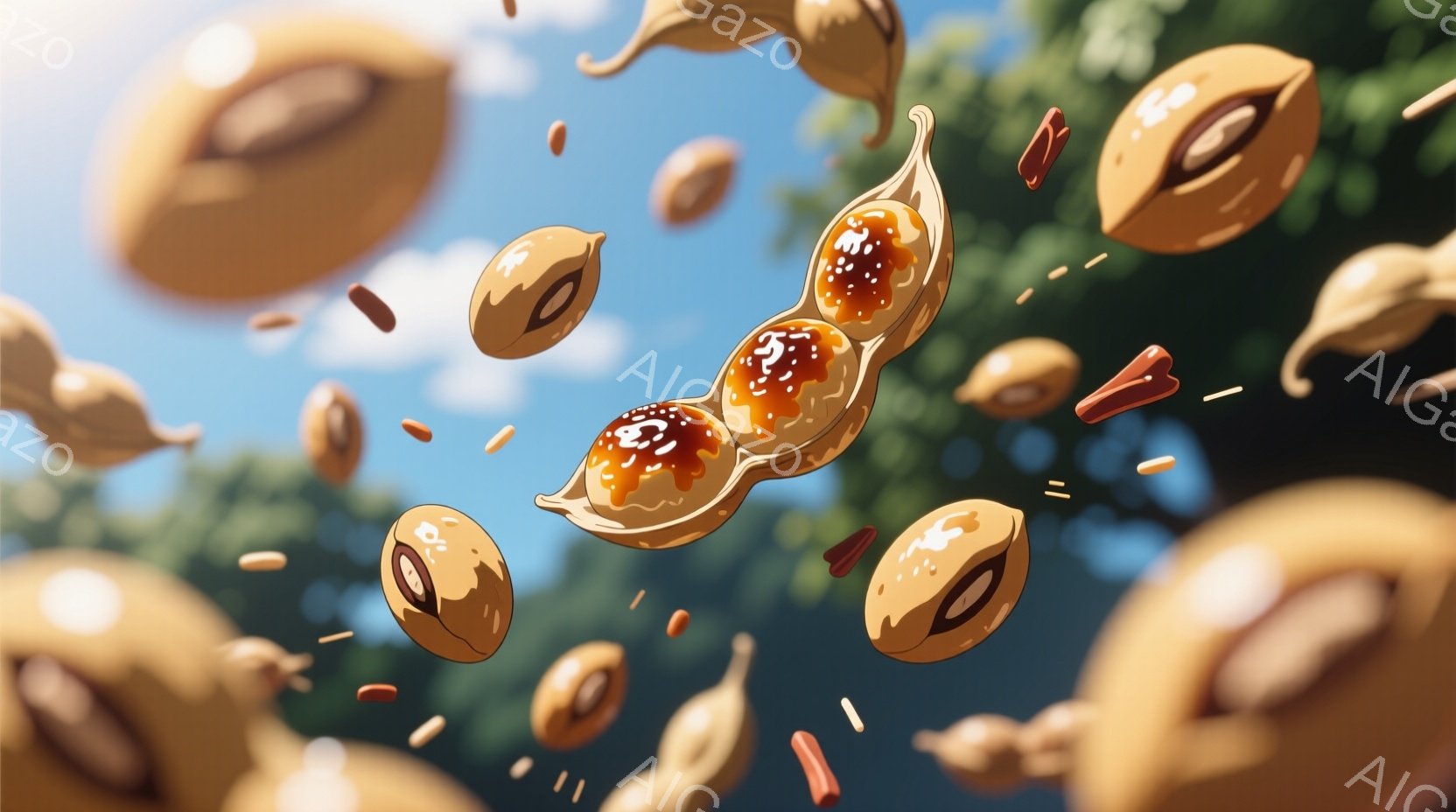 空中に散らばる大福が多数描かれています。大福は黄色がかった茶色で、中には赤い餡が詰まっており、一部は割れて餡が飛び出しています。背景は青空と緑の木々で、全体的に明るく、楽しい雰囲気です。