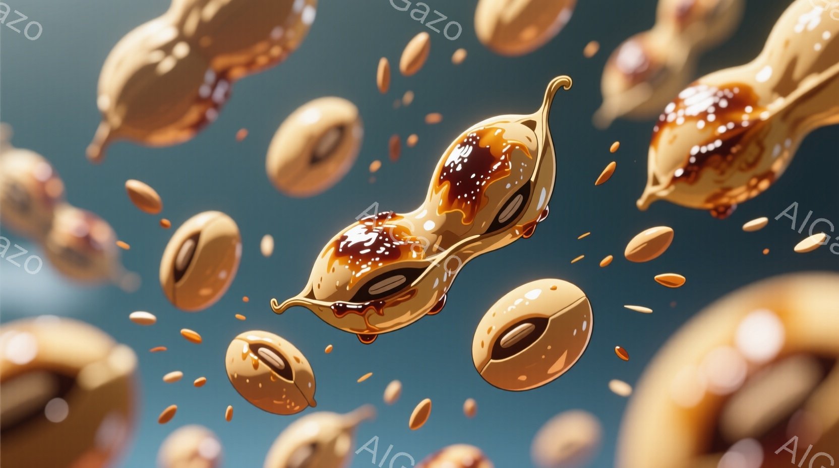 空中に浮かぶ、醤油からし（ケチャップとマスタード）で覆われたピーナッツの集合体を描いています。ピーナッツは丸みを帯びた形状で、茶色とベージュの色合いが混ざり合い、表面には鮮やかな醤油とマスタードの滴が光っています。背景は淡い水色で、ピーナッツの楽しい、賑やかな雰囲気を強調しています。