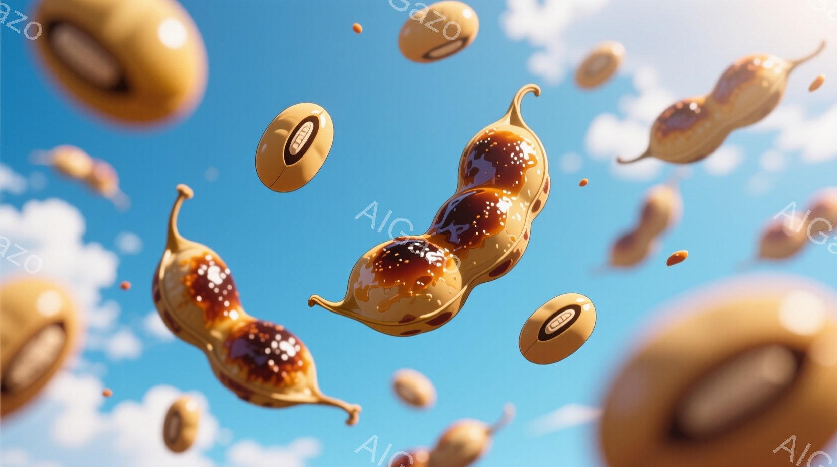 空は明るい青色で、ふわふわとした白い雲が浮かんでいます。画面には、様々な大きさのピーナッツが漂っており、表面には茶色い斑点と光沢のある黄色いコーティングが見られます。全体的に、軽やかで遊び心のある、まるで夢の中のような雰囲気が漂っています。