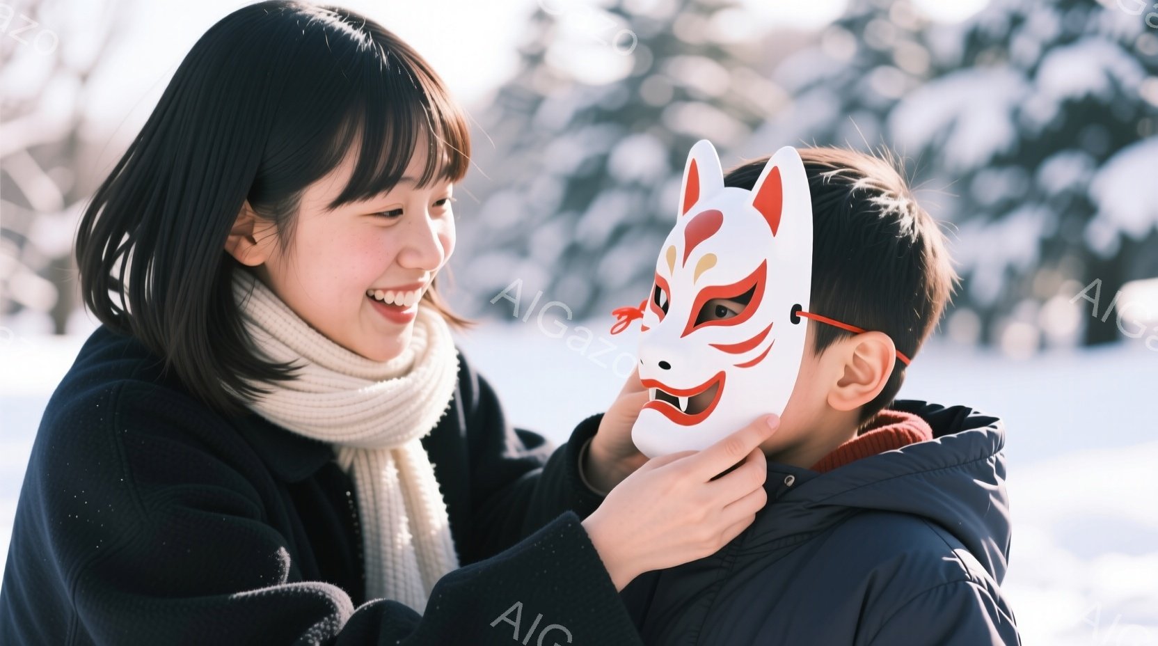 女性が白い狐の面を幼い少年の顔につけています。女性は黒いコートに白いマフラーを巻き、笑顔を見せており、少年は青いパフジャケットを着ています。背景は雪景色で、木々がぼんやりと見え、冬の温かい雰囲気を醸し出しています。