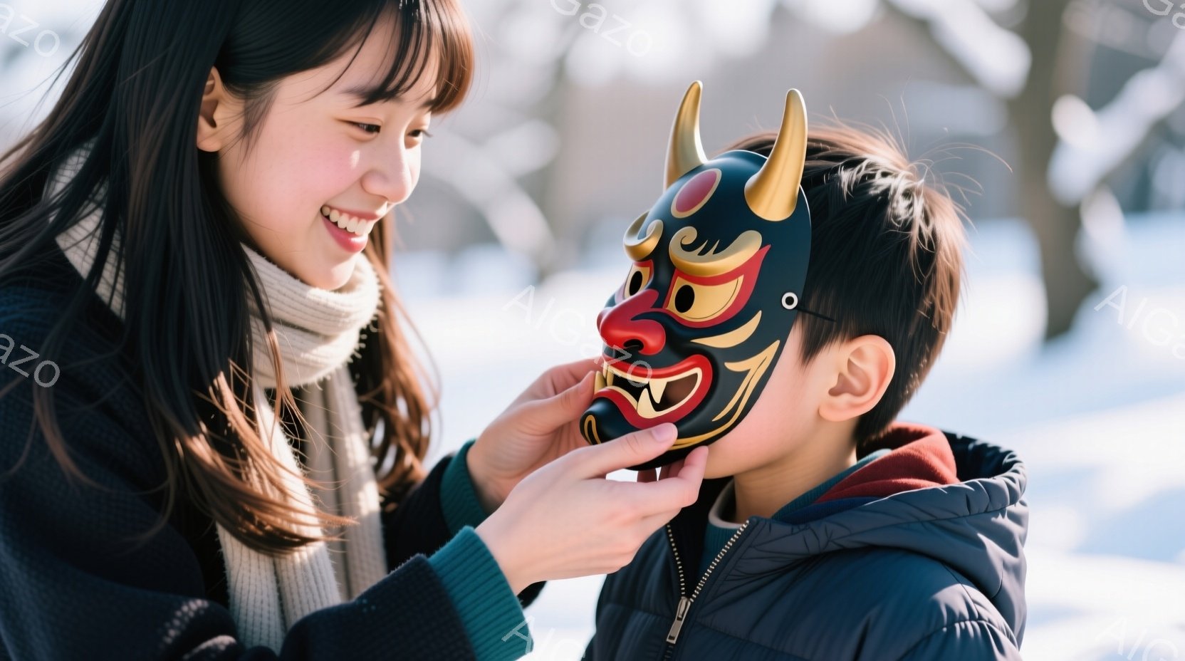 少女が少年につけもみをするように、伝統的な鬼の面を被せようとしています。少女は黒いコートに白いセーターを着ており、ロングヘアをしています。少年は紺色のダウンジャケットを着ており、少し緊張した表情をしています。背景は雪景色で、冬の晴れた日のように見えます。