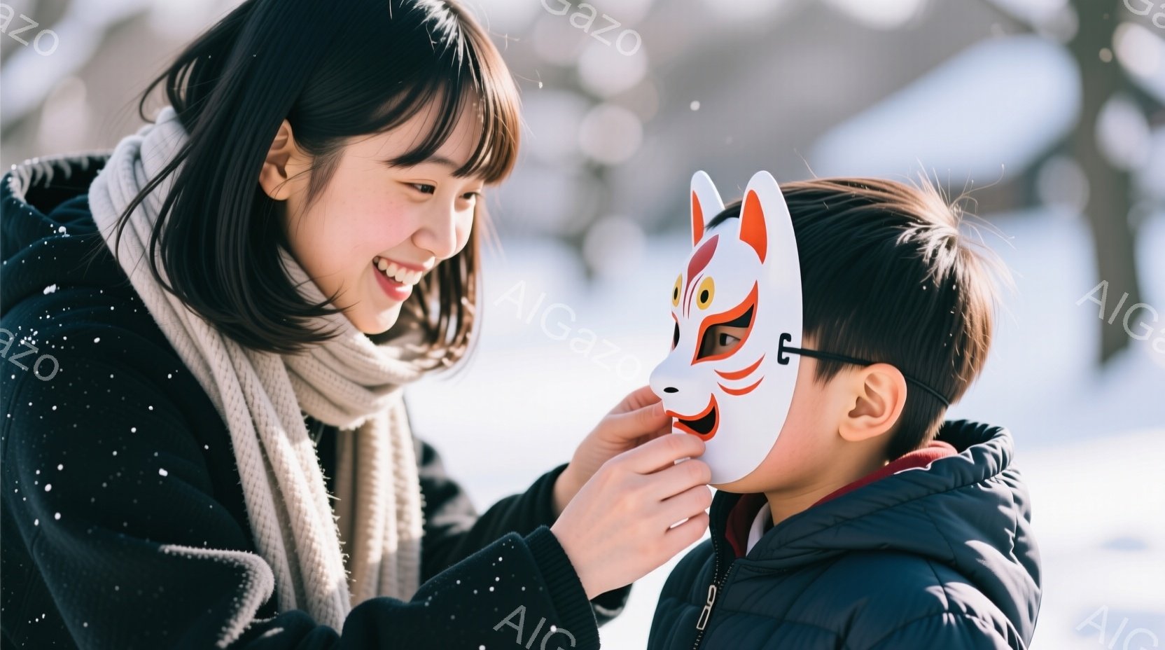 雪がちらつく屋外で、若い女性が少年にお面を装着しているところです。女性は黒いジャケットに白いマフラーを巻き、笑顔で少年を見下ろしています。少年は黒いジャケットを着ており、少し照れくさそうな表情で女性を見つめています。
