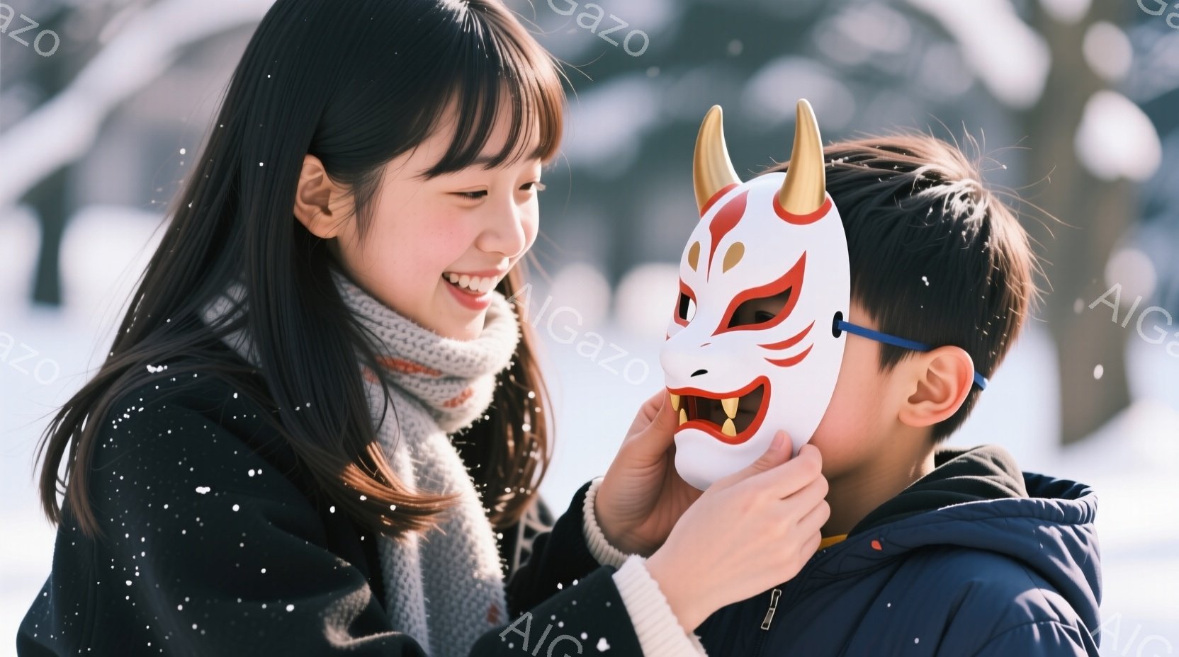少女が少年につけようとしている狐の面が印象的な写真です。少女は黒髪で、ニット帽と白いマフラーを身につけ、微笑んでいます。少年は紺色のジャケットを着ており、面をつけられるのを少し戸惑っているような表情を - AI生成フリー素材