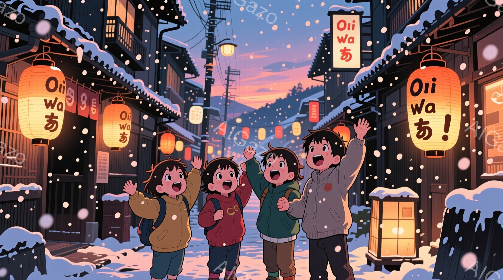 雪が降る夜の古い町並みが描かれています。3人の子供たちは、それぞれ異なる色の冬のコートを着て、両手を上げて喜んでいる様子です。古い木造建築が並び、提灯が灯り、暖かく幻想的な雰囲気を醸し出しています。 - AI生成フリー素材
