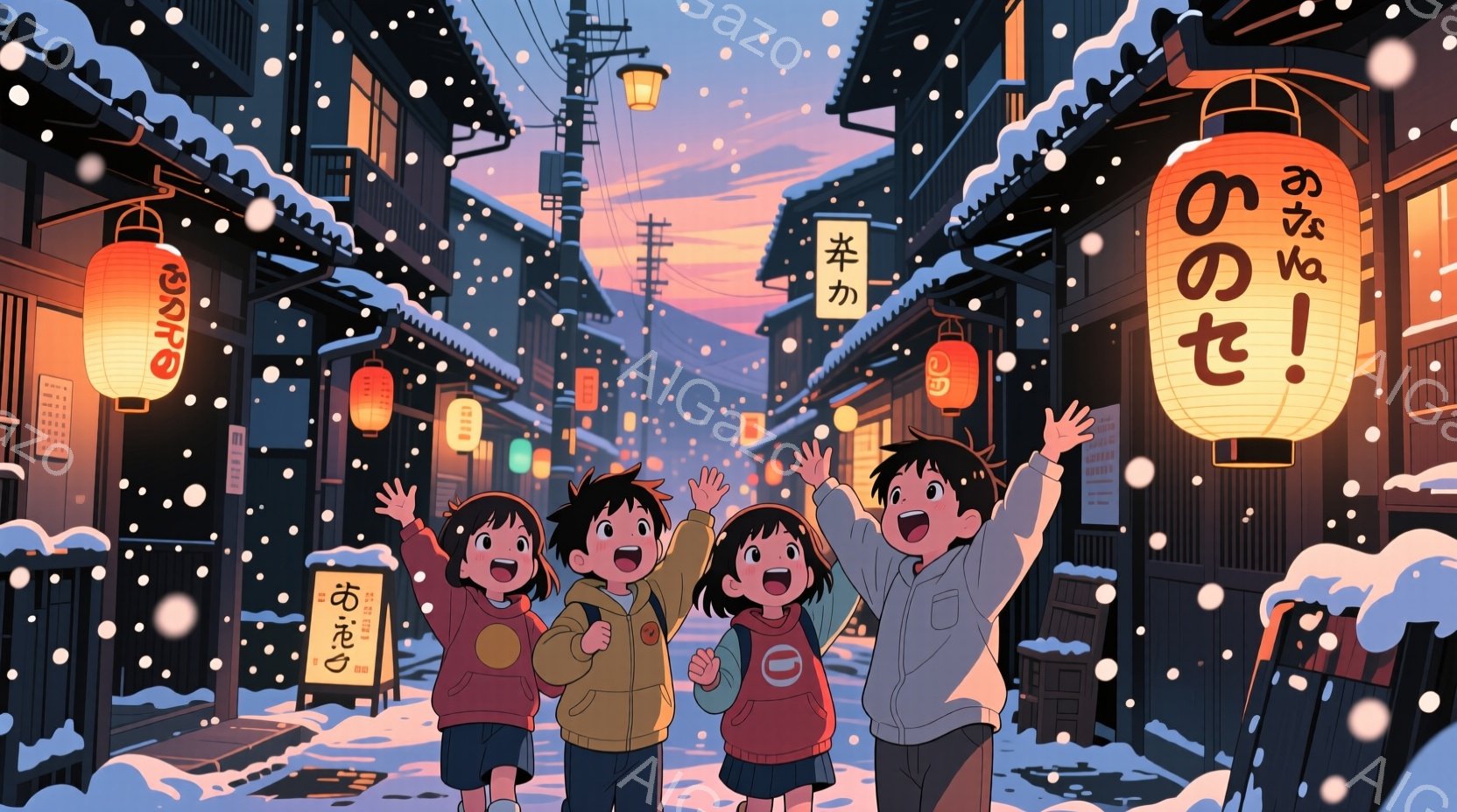 雪が降り積もる古い街並みが描かれている。３人の子供たちは皆、暖かい冬の服装で、興奮した表情で腕を上げている。背景には木造の家々が並び、提灯が灯り、雪景色と相まって、ノスタルジックで温かい雰囲気が漂っている。
