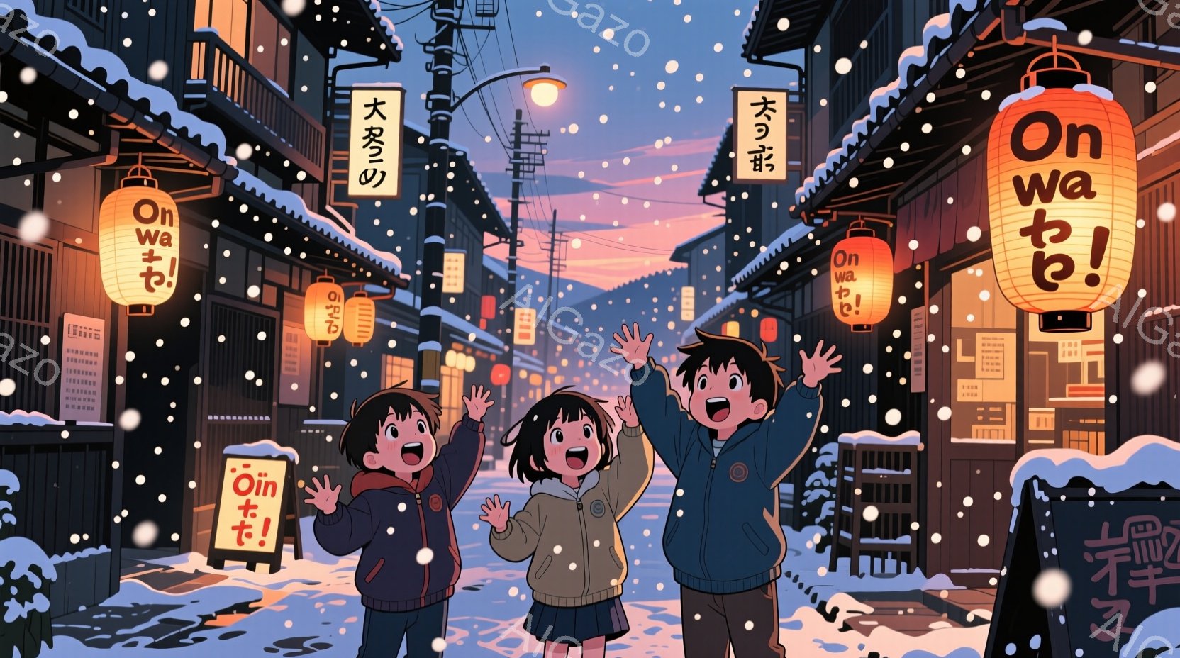 雪が降る夜の古い町並みが描かれています。三人の子供たちは冬の服装で、寒さに負けず元気いっぱいに両手を上げています。木造建築に灯りが灯り、雪景色と相まって、どこか懐かしい温かい雰囲気を醸し出しています。