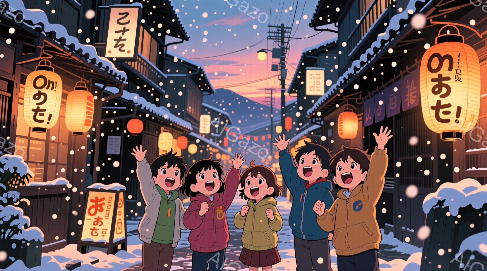 雪が降り積もる古い街並みを背景に、子供たちが楽しそうに腕を上げているイラストです。子供たちはそれぞれ異なる色の冬物コートやセーターを着ており、髪型も様々で、笑顔で雪を見上げている表情が印象的です。古い木造建築に赤い提灯が灯り、暖かい雰囲気と冬の寒さが混ざり合った、どこか懐かしい情景が描かれています。