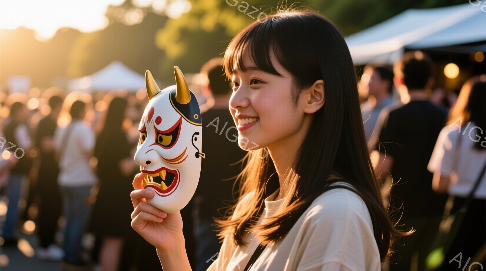 浅黒い髪を肩にかけた若い女性が、鮮やかな能面を手に微笑んでいます。彼女はクリーム色のシャツを着ており、背景には多くの人が歩き、屋台が並ぶお祭りのような賑やかな光景が広がっています。夕暮れ時のような暖かい光が彼女の顔を照らし、楽しい雰囲気が漂っています。