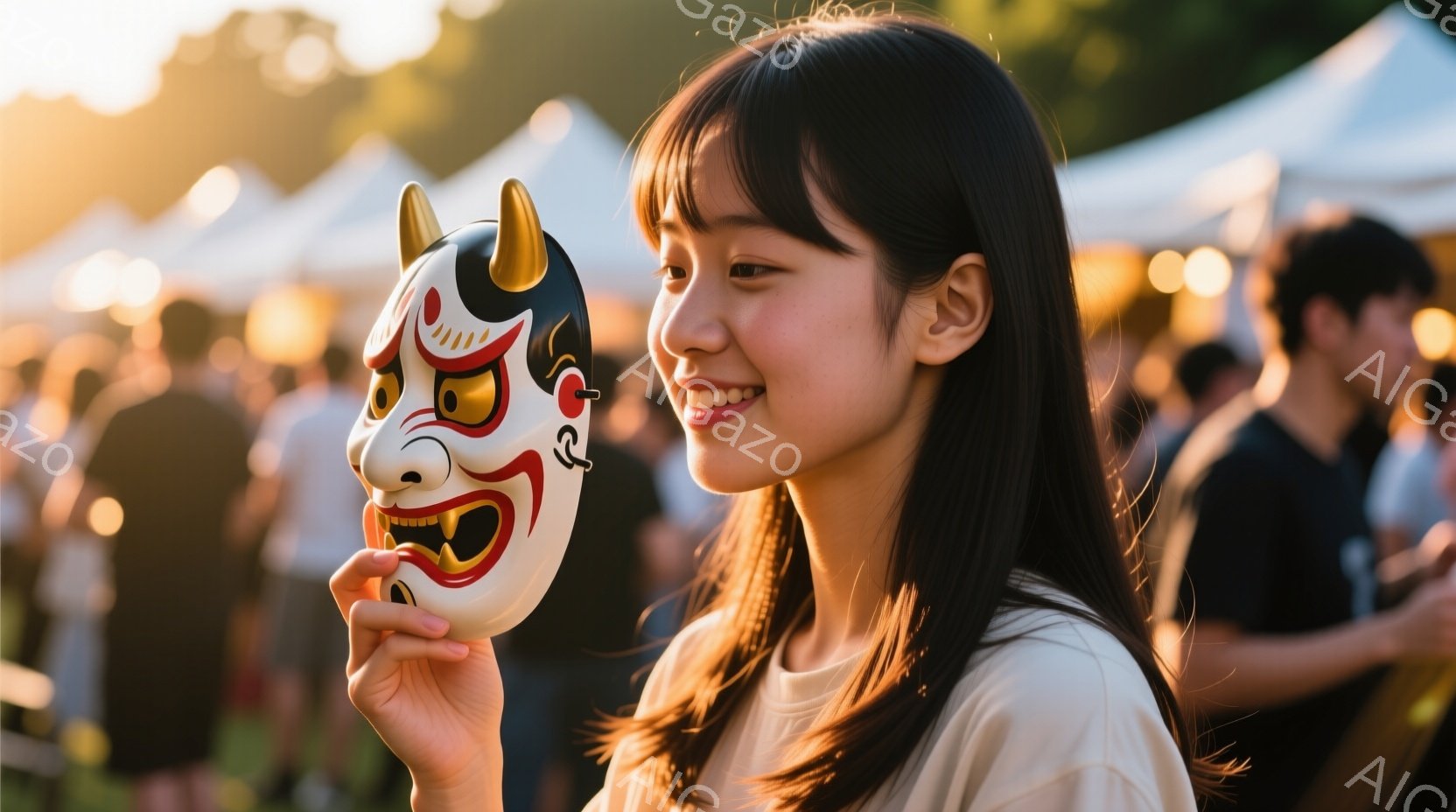 微笑みを浮かべた若い女性が、鮮やかな色の日本の鬼面を持っており、髪は肩までの長さで、前髪が目にかかっています。彼女は白いTシャツを着ており、背景には多くの人がいる賑やかな祭りの会場が見え、夕焼けのような暖かい光が差し込んでいます。 全体として、祭りの活気と女性の明るい表情が調和した、心地よい雰囲気の画像です。