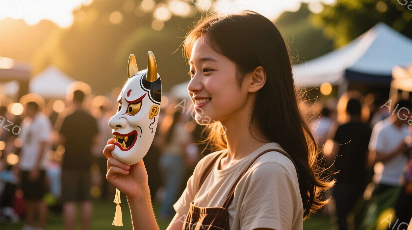 明るい日差しの中、若い女性が狐のお面を手に微笑んでいます。彼女はベージュ色のトップスと茶色のオーバーオールを着ており、長い黒髪は肩にかかっています。背景には、緑の芝生と人々が見え、お祭りやイベントが行われているようです。