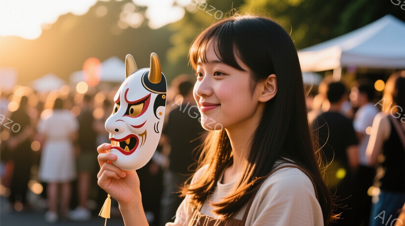 長い黒髪を肩下で揺らし、薄いベージュ色のトップスを着た若い女性が、片手に狐の面を持っている。彼女は微笑んでおり、どこか楽しげな表情を浮かべている。背景には多くの人が写っており、夕暮れ時の屋外イベント会場で、温かく賑やかな雰囲気が感じられる。