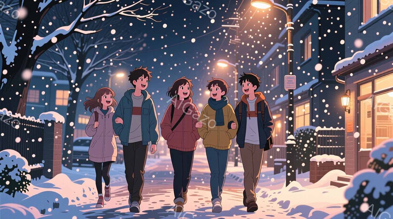 雪が降る夜の街を、リュックを背負った若い男女5人が並んで歩いている。彼らはそれぞれピンク、赤、黄色、青、紫の明るい色のジャケットやコートを着ており、表情は穏やかで楽しげだ。背景には雪で覆われた建物や木々が見え、温かい街灯の光が雪景色を照らし、冬の温かくほっとする雰囲気を醸し出している。