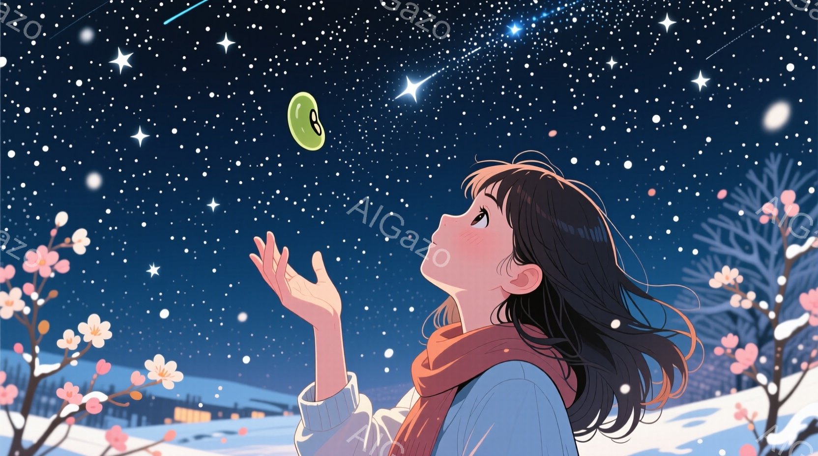 暗い夜空を見上げる少女が描かれています。彼女は赤いマフラーと水色のセーターを着ており、長い黒髪が風になびいています。雪が積もった風景の中に、うっすらと見える建物と、桜の花が咲き誇る木々があり、星空と夜空を照らす流れ星が幻想的な雰囲気を醸し出しています。
