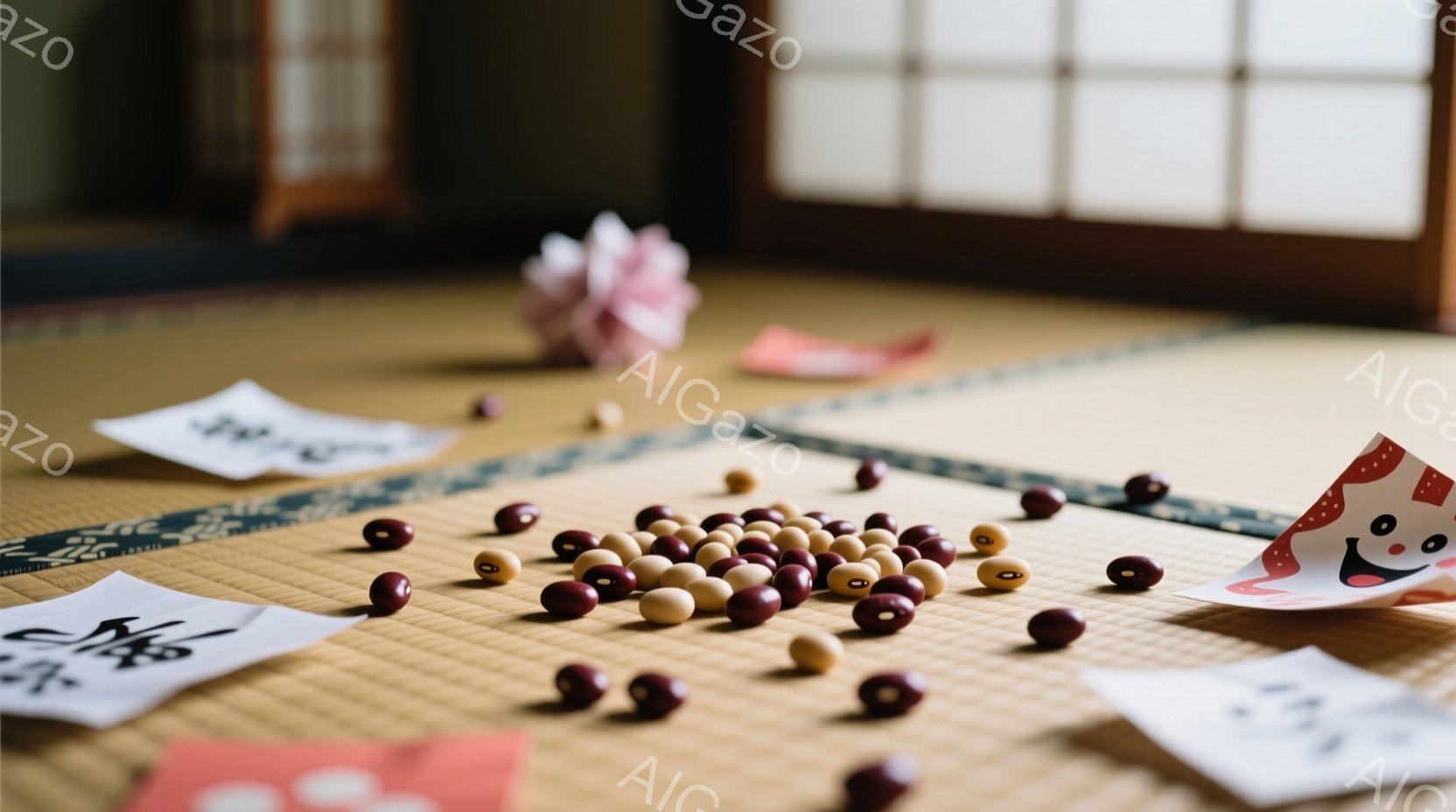 畳の上に、赤と白の豆が散らばっており、おそらくは遊戯や儀式に使用されている様子がうかがえる。背景には、和紙で作られた飾りや書道で書かれた紙が配置され、落ち着いた雰囲気を作り出している。暖色系の色調と畳の素材感が、日本の伝統的な空間を想起させる。