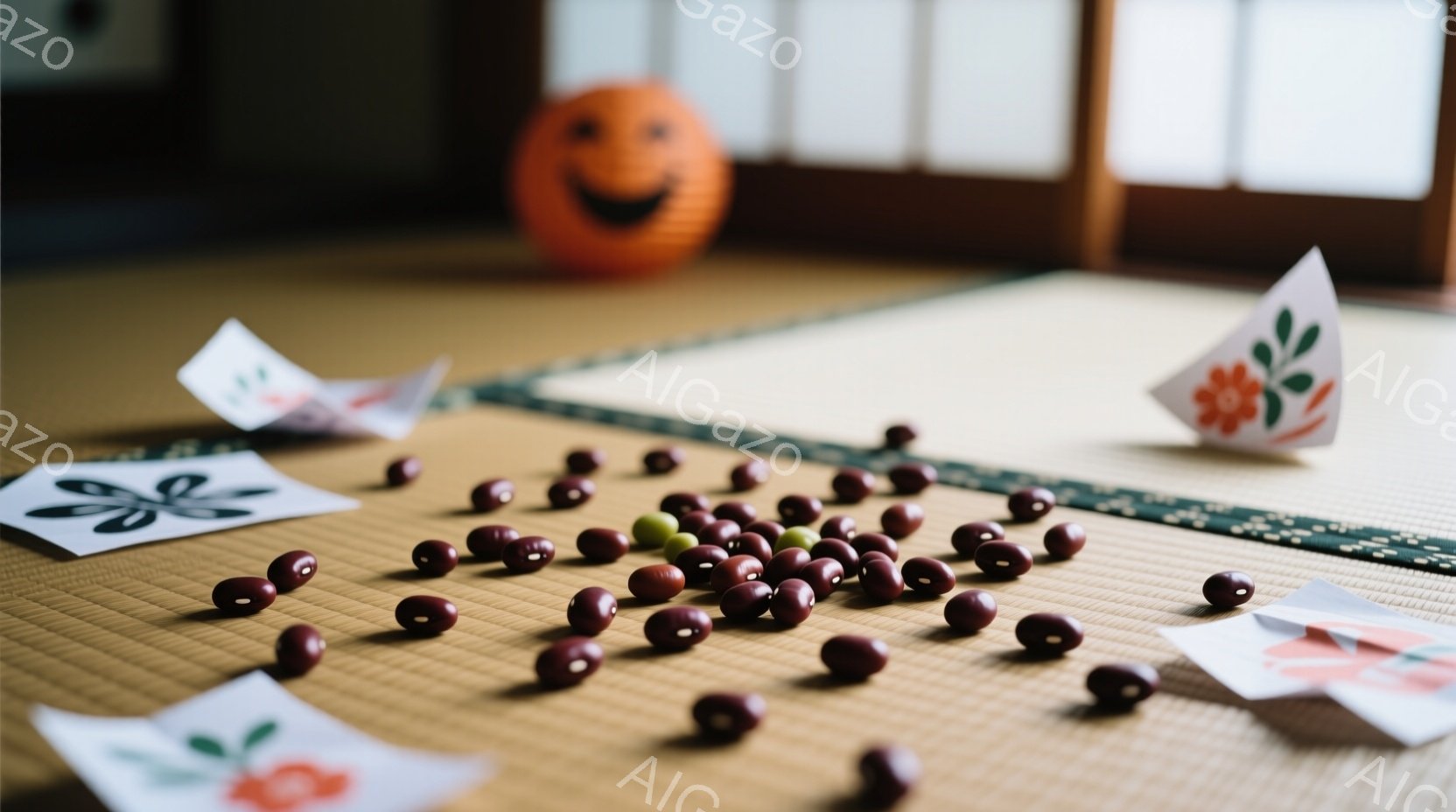 畳の上に、茶色や緑色の豆が散らばっています。豆の周りには、可愛らしい花柄の折り紙が数枚置かれており、背景にはオレンジ色の笑顔の顔をした提灯がぼんやりと見えます。 全体的に、暖かく、遊び心のある、日本の伝統的な雰囲気を感じさせます。