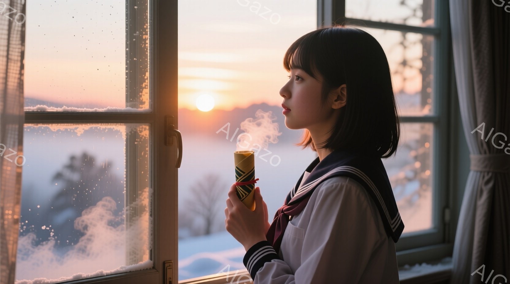 制服を着た少女が窓辺に立っており、湯気を立てる温かい飲み物を手に持っています。彼女は黒髪のショートボブで、少し憂いを帯びた表情で遠くを見つめています。背景には霧に包まれた山々と、夕焼け空が広がり、全体 - AI生成フリー素材