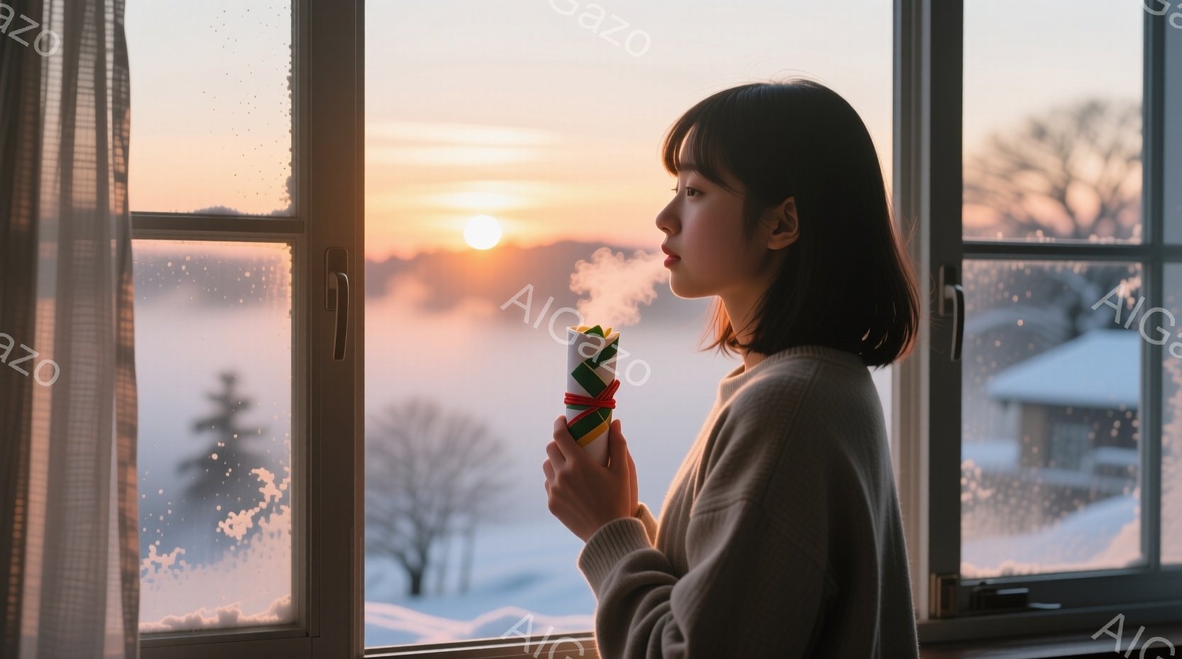 茶髪のショートヘアの女性が、窓辺に立ち、湯気を上げるカップを手にしている。彼女はベージュ色のセーターを着ており、横顔は穏やかで物思いにふけっているように見える。窓の外には雪景色が広がり、遠くには建物が見え、夕焼け空が暖かく、静寂で平和な雰囲気を醸し出している。