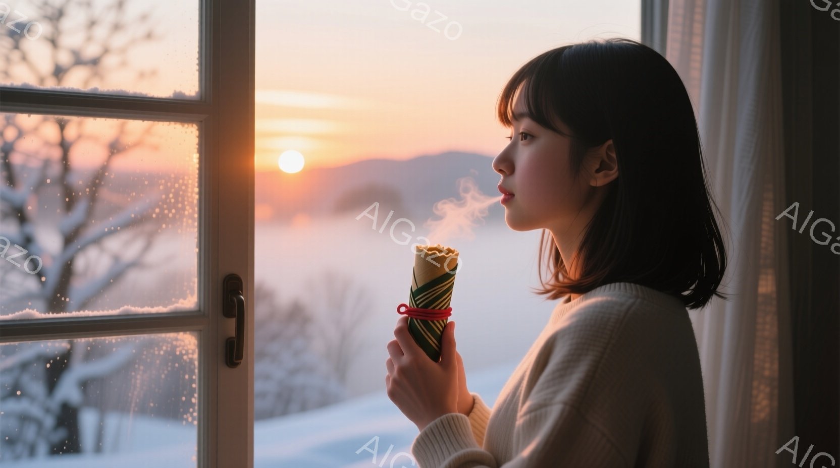 長い黒髪をサイドに流した女性が、窓辺で煙をくゆらせる棒状のものを手に持っている。白いセーターを着ており、雪景色を眺めながら物思いにふけっているような表情をしている。背景には雪に覆われた山々と、夕焼けに染まる空が広がり、静かで穏やかな雰囲気を醸し出している。