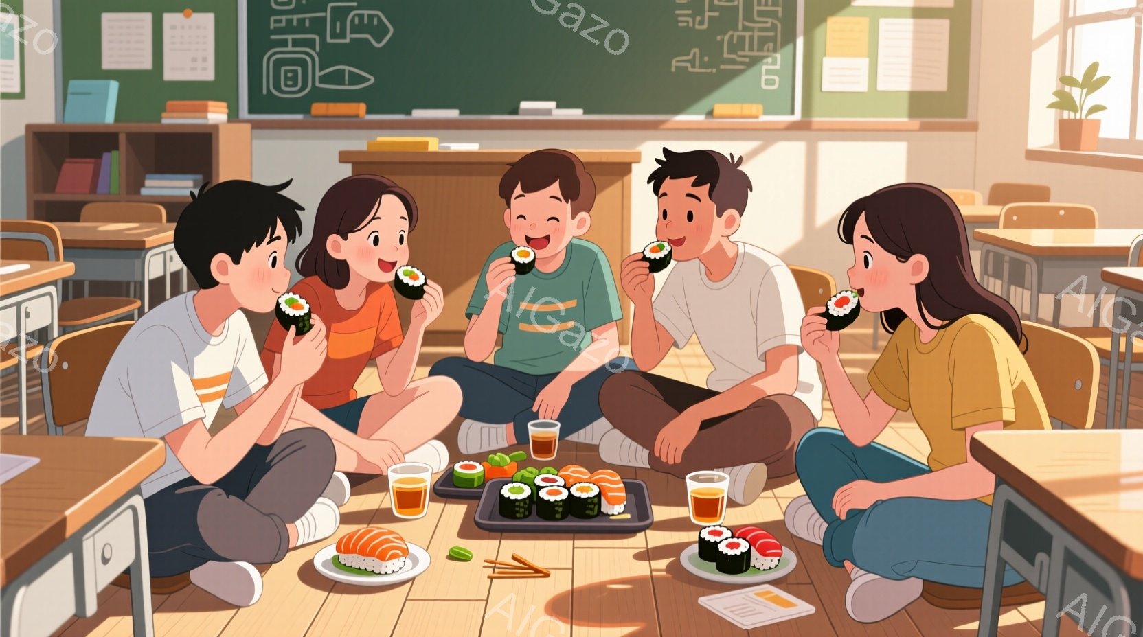 教室の床に座って、4人の若者が寿司を楽しんでいます。彼らは皆、白いTシャツと明るい色の服を着ており、笑顔で寿司を食べています。背景には木製の床、机、黒板があり、暖かく親しみやすい雰囲気が漂っています。
