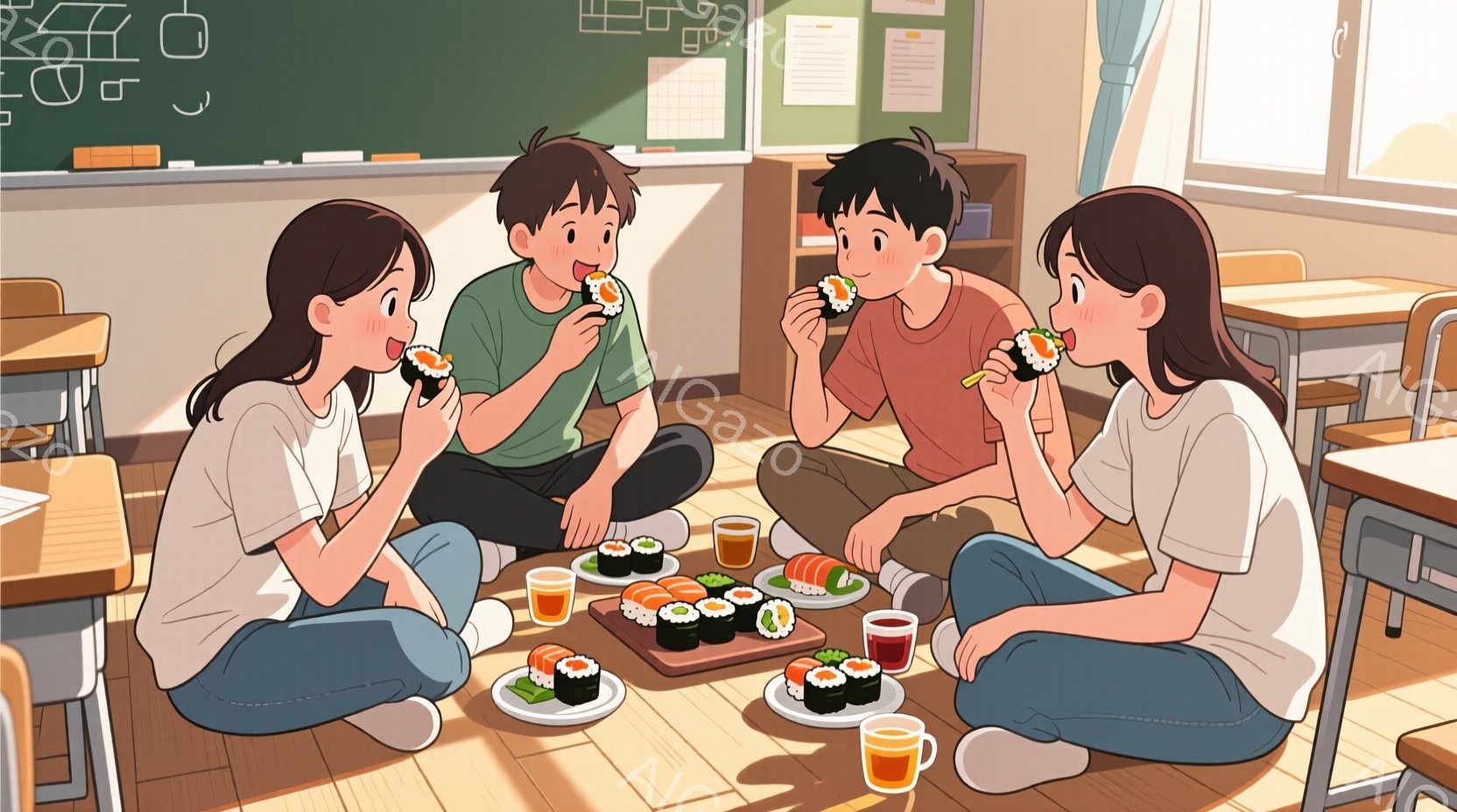 教室の床に座って、若い男女が数人で寿司を楽しんでいます。彼らは皆、カジュアルな服装で、白いTシャツやズボンを着用しており、穏やかな笑顔を浮かべています。背景には黒板や机があり、明るい日差しが差し込み、 - AI生成フリー素材