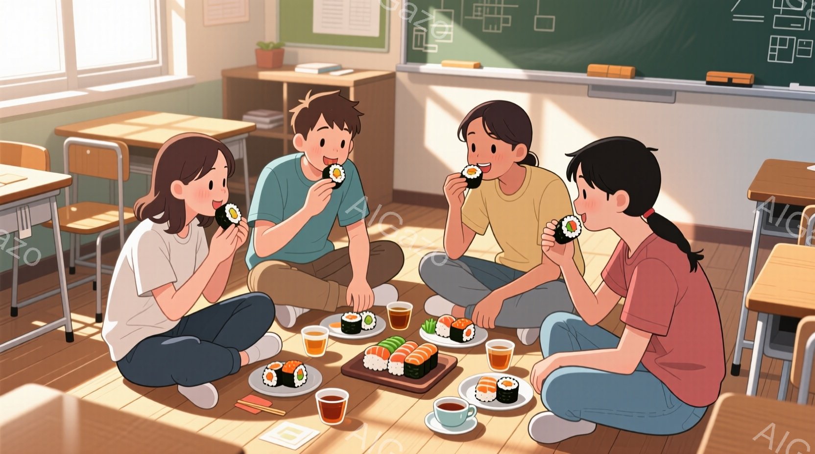教室の床に座って、四人の学生が寿司を囲んでいる。それぞれカジュアルな服装で、笑顔を見せながら寿司を食べている。背景には木製の床と黒板があり、窓から差し込む光が暖かく、穏やかな雰囲気を醸し出している。
