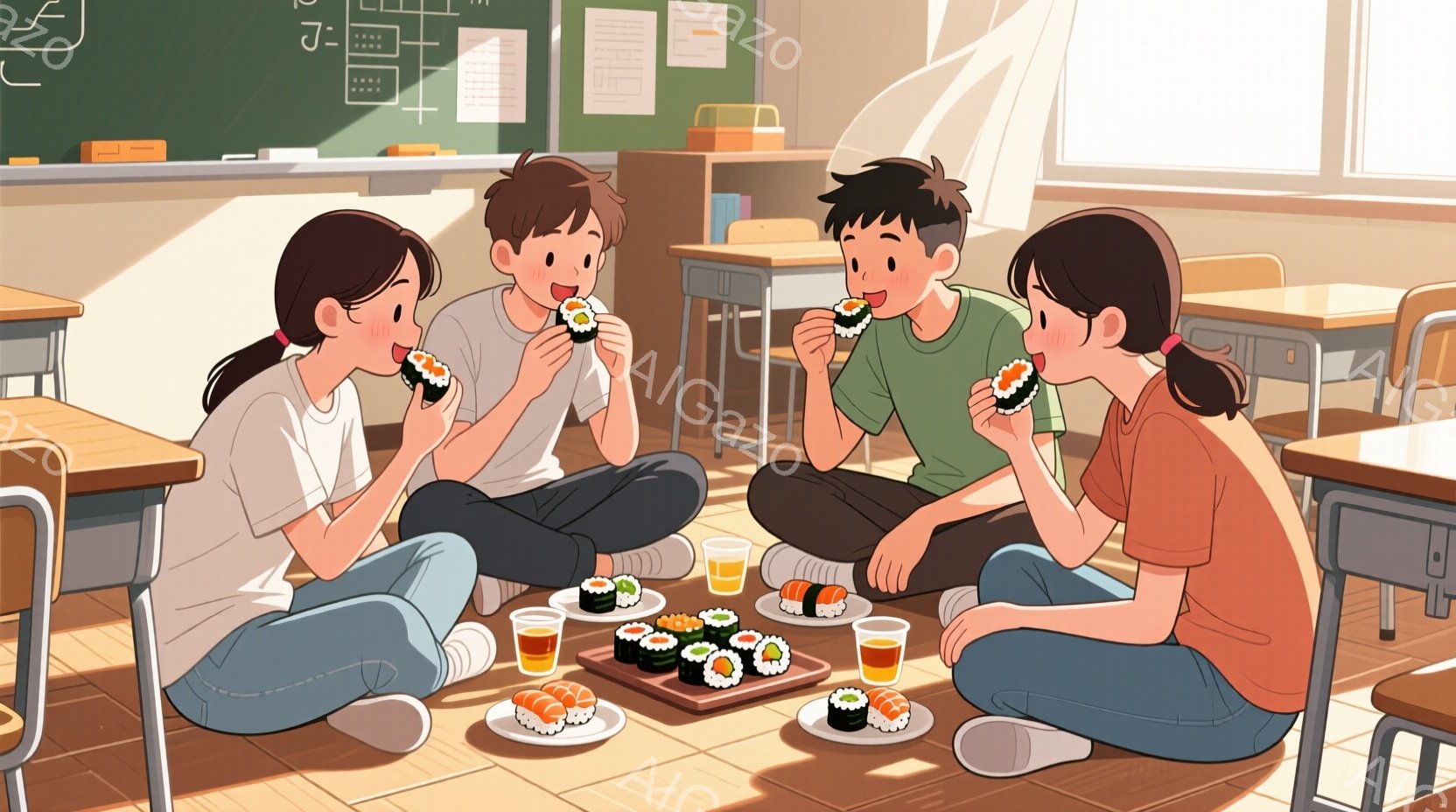 教室の床に座り、寿司を囲んでいる若い男女４人が描かれています。彼らは皆カジュアルな服装で、リラックスした表情で寿司を楽しんでいます。背景には教室の机や黒板が見え、明るい日差しが差し込み、温かく穏やかな雰囲気が漂っています。