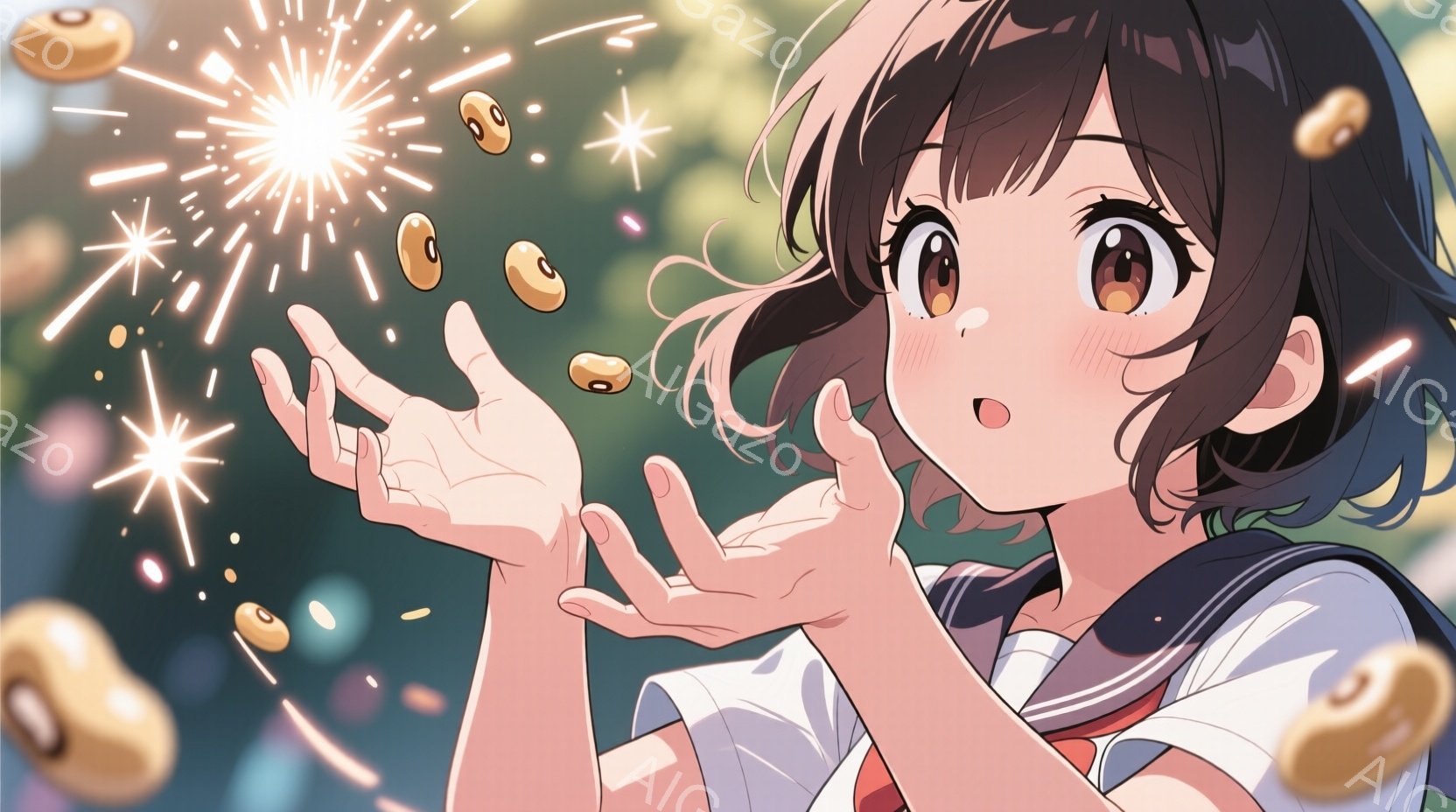 紺色のセーラー服を着た若い女性が描かれています。彼女は両手を広げ、驚いた表情でキラキラと輝く金色の粒子をキャッチしようとしています。背景にはぼやけた光のフレアがあり、全体的に幻想的で希望に満ちた雰囲気を醸し出しています。