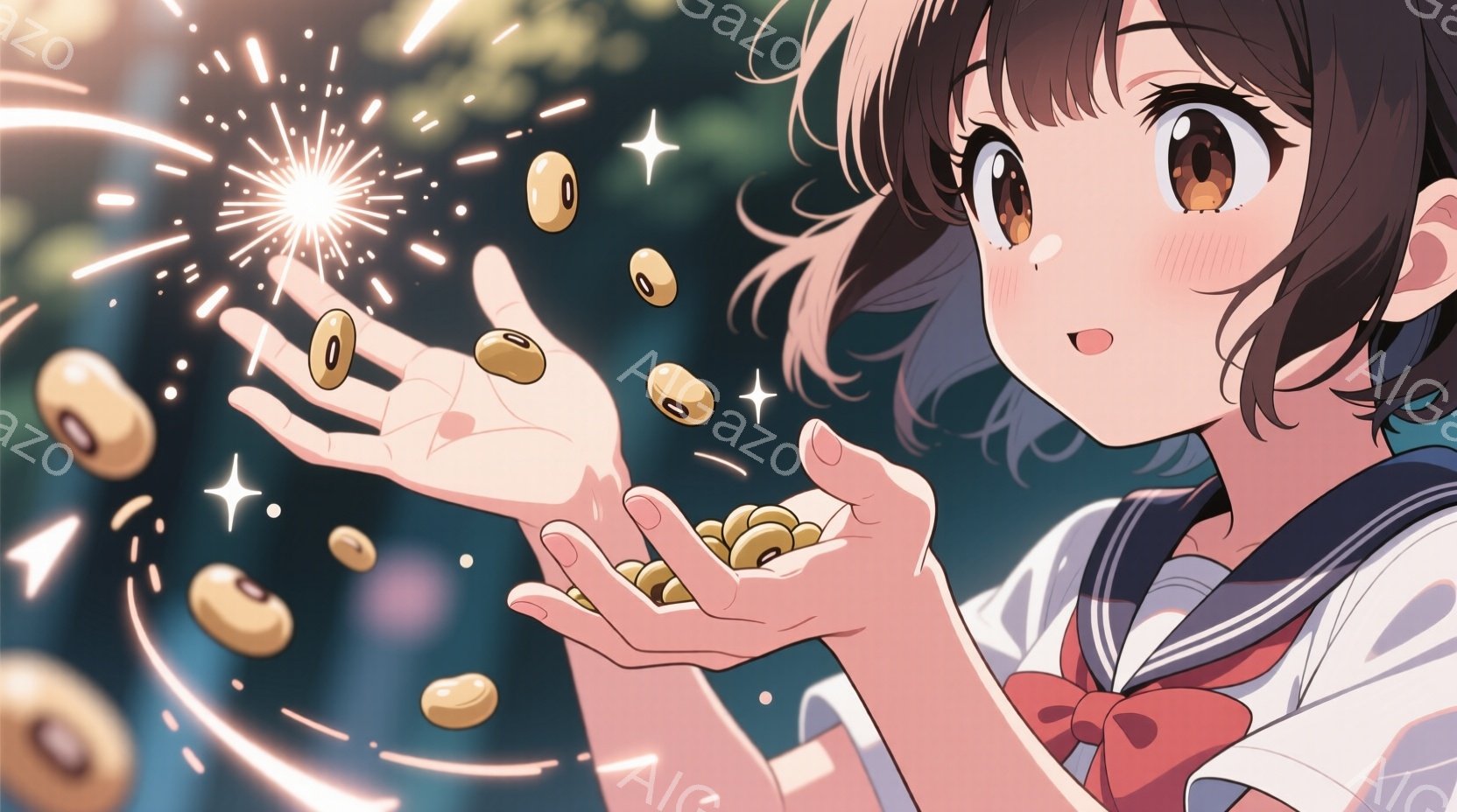 セーラー服を着た若い女性が、両手に大豆のような豆を広げている様子を描いています。彼女は驚いたような表情で目を大きく開き、豆は光り輝きながら彼女の周りを舞っています。背景は夜空と、ぼんやりとした都市の明かりで、お祭りのような華やかで幻想的な雰囲気を醸し出しています。