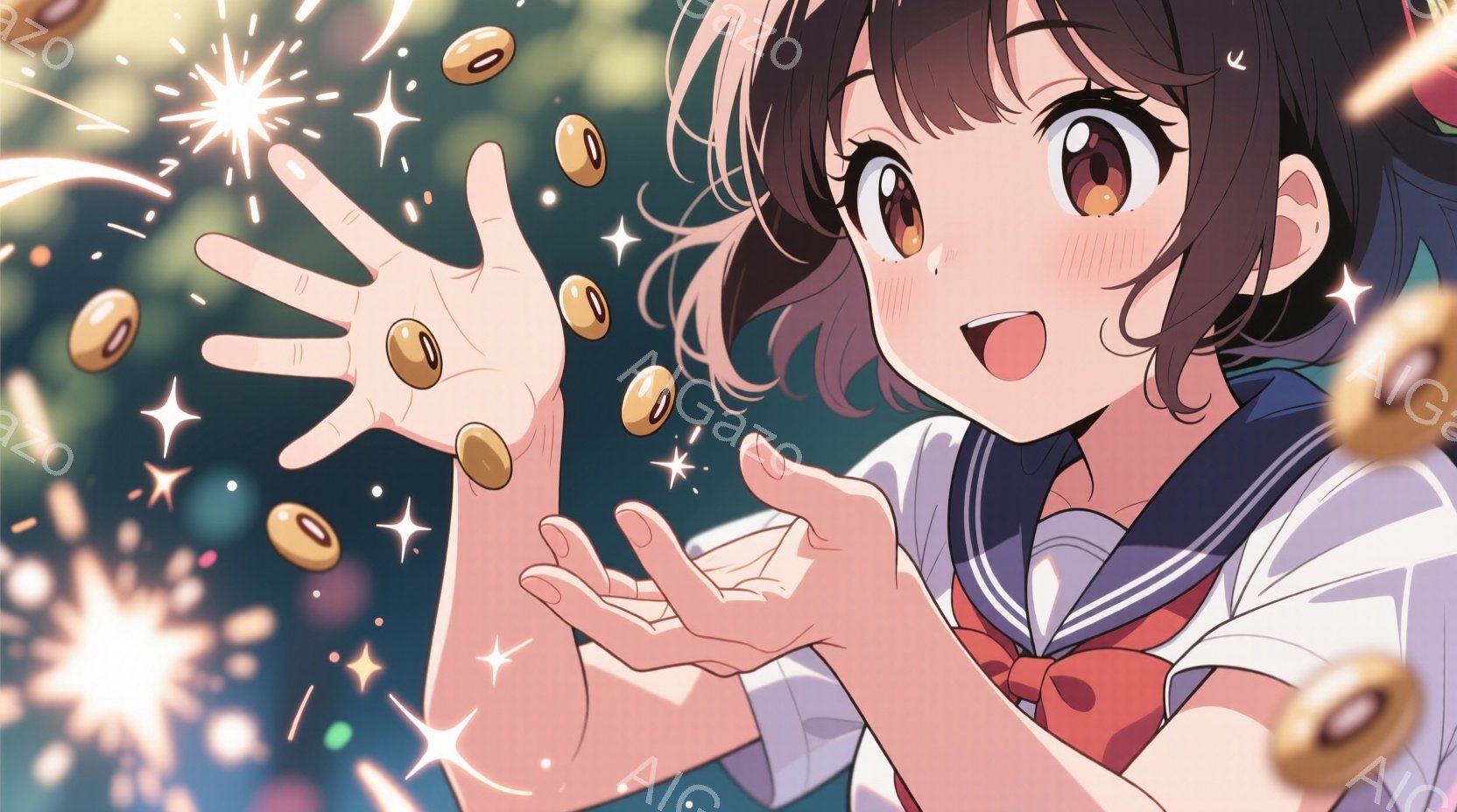 明るい茶色の髪を持つ少女が、両手を広げて金色に輝くコインのようなものを楽しそうにキャッチしています。彼女はセーラー服を着ており、顔には喜びの表情が浮かんでいます。背景にはキラキラとした光の粒子が散りばめられており、華やかで夢幻的な雰囲気を醸し出しています。