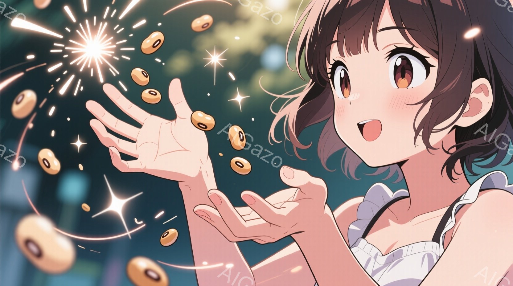 茶色の巻き髪の少女が、両手を広げて豆のようなものをキャッチしようとしています。オフホワイトのフリル付きトップスを着ており、驚いた表情で口を開けています。背景には、光の粒子と豆が散りばめられ、幻想的な雰囲気を醸し出しています。