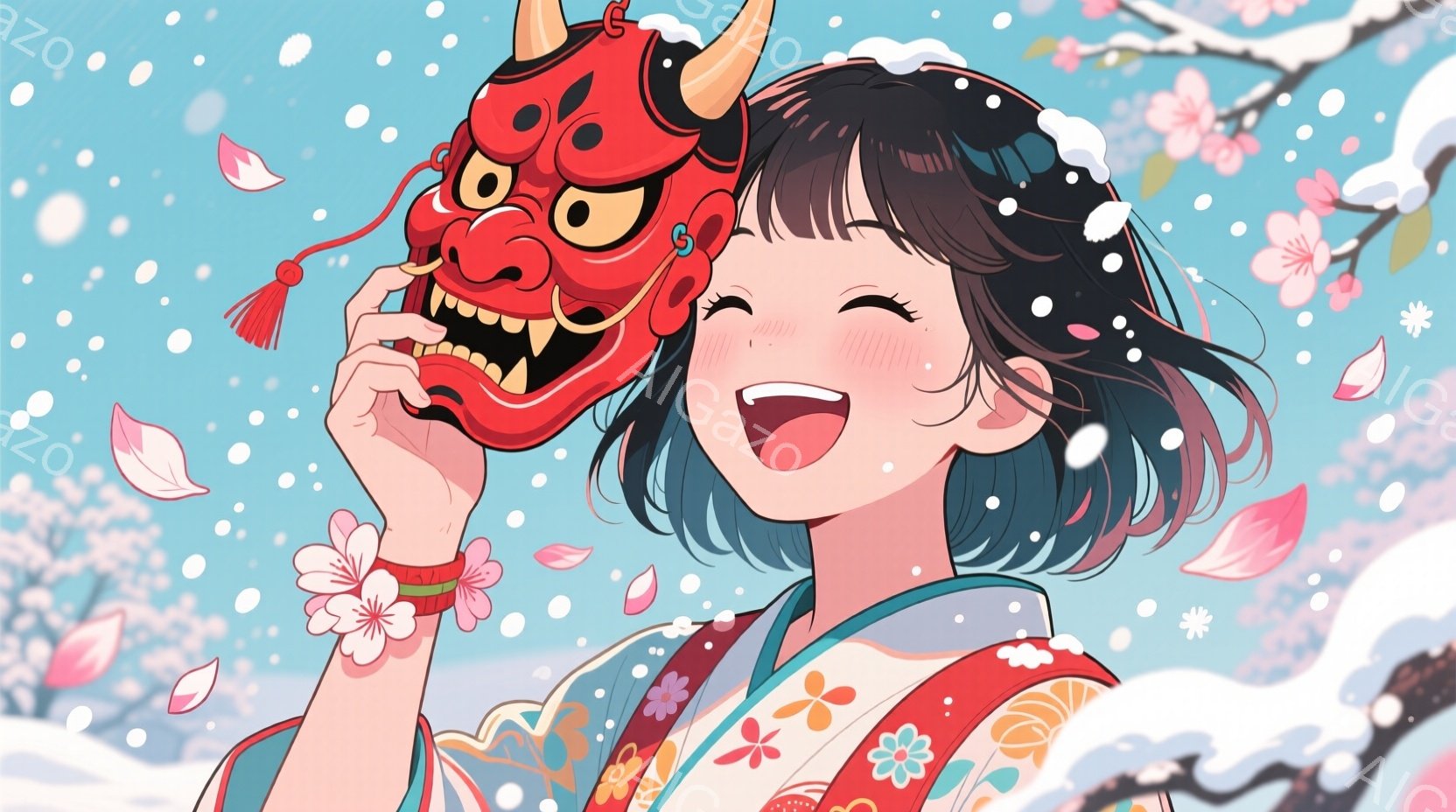 短い黒髪の少女が、赤い鬼の面を片手に持ち、満面の笑みを浮かべています。彼女は緑と赤の着物を着ており、背景には桜の花びらが舞い散る雪景色が広がっています。全体的に明るく、春の祭りのような、華やかで楽しい - AI生成フリー素材