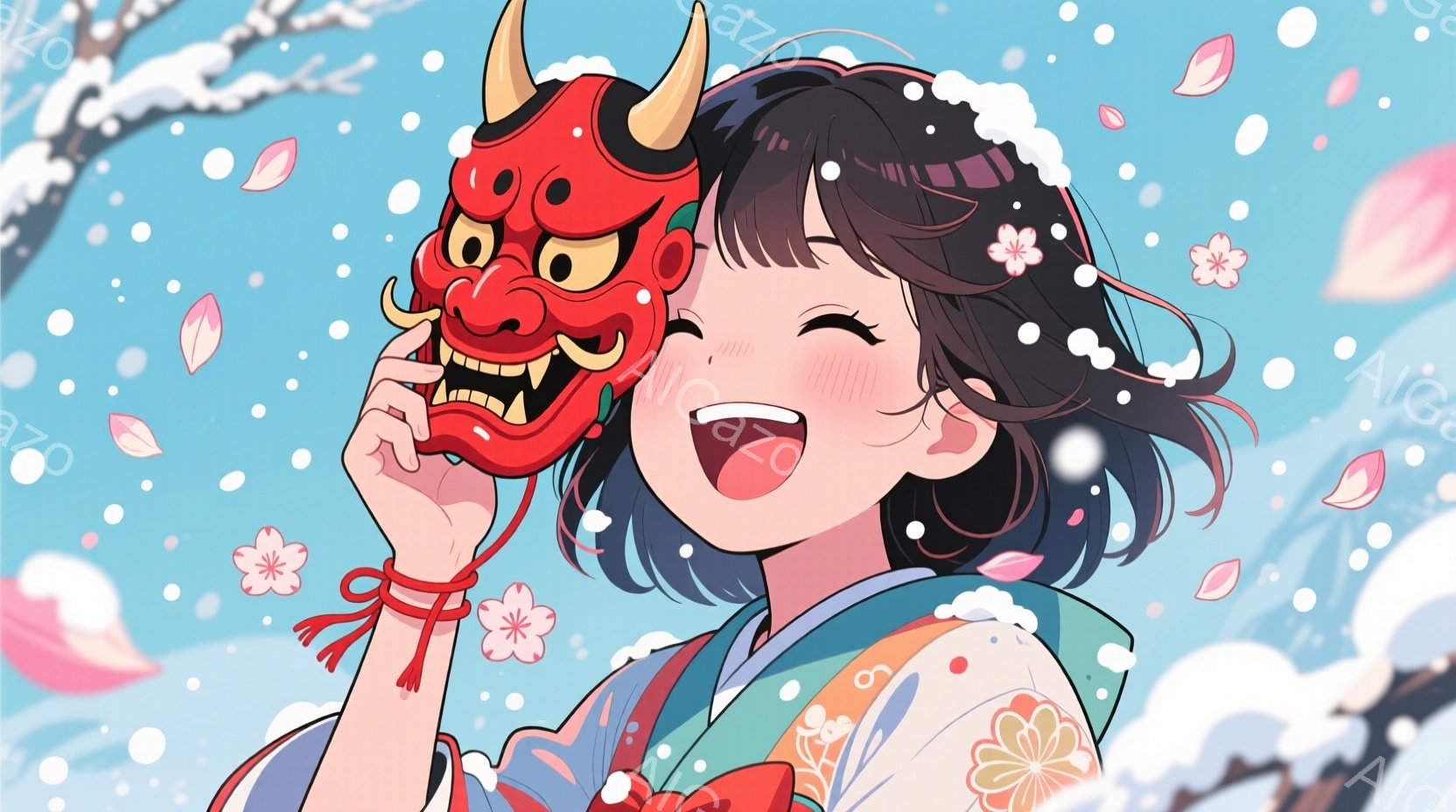 少女は、明るい笑顔で赤い鬼の面を掲げています。彼女は肩出しの緑とピンクの着物を着ており、黒いウェーブのかかった髪には赤い紐で結ばれた髪飾りをつけています。背景は桜の花びらが舞い散る雪景色で、全体的に明るくお祭り気分を醸し出しています。