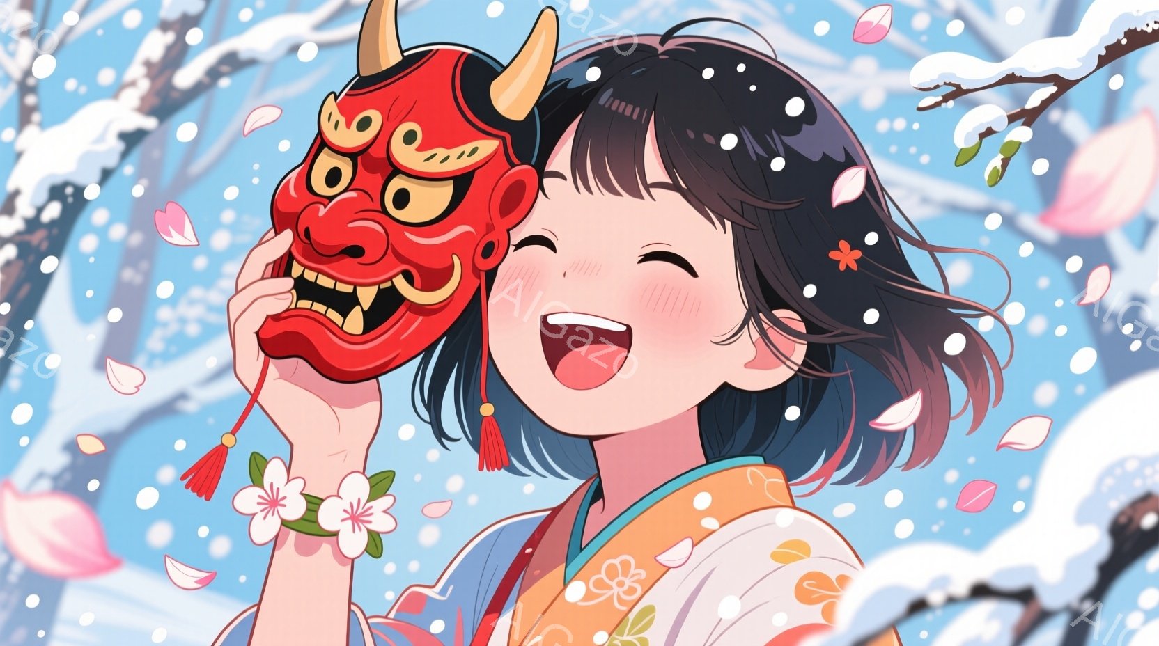 少女は、ピンクと黄色の花柄が描かれた着物を着ており、黒い髪を肩まで伸ばした可愛らしいヘアスタイルをしています。彼女は鬼の面を片手に持ち、満面の笑みを浮かべて楽しそうにしています。背景には、桜の花びらが - AI生成フリー素材