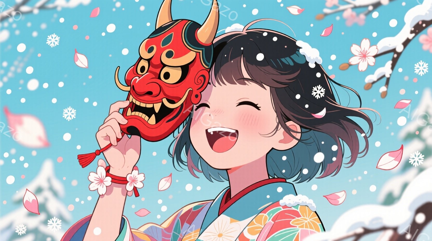 少女は明るい笑顔で、赤い鬼の面を高く掲げています。鮮やかなオレンジとピンクの着物を着ており、黒い髪は肩のあたりで揺れています。背景には、桜の花びらが舞い散る雪景色が広がり、お祭りや喜びの雰囲気が漂っています。